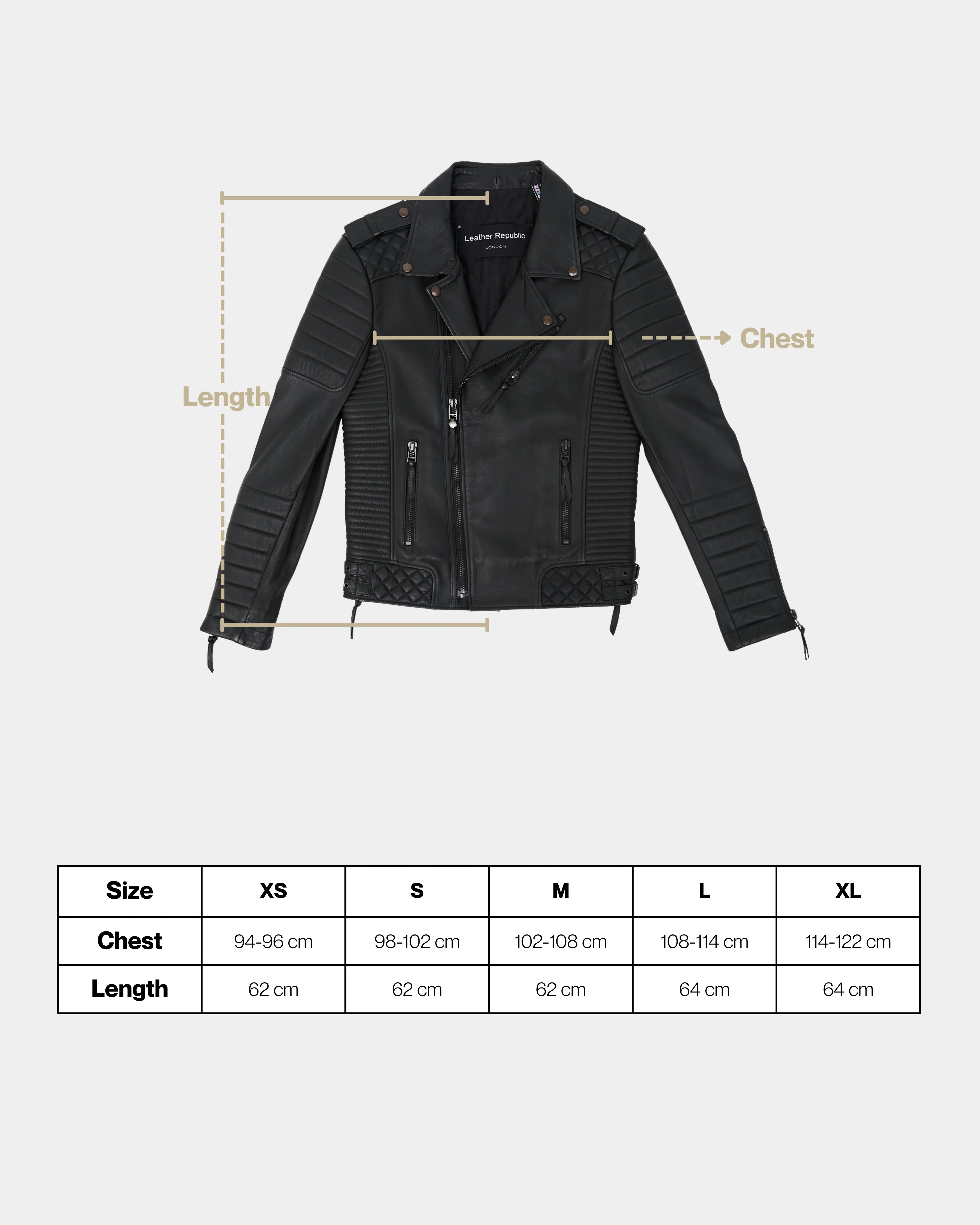 Black leather jacket with measurement labels and size chart on a white background