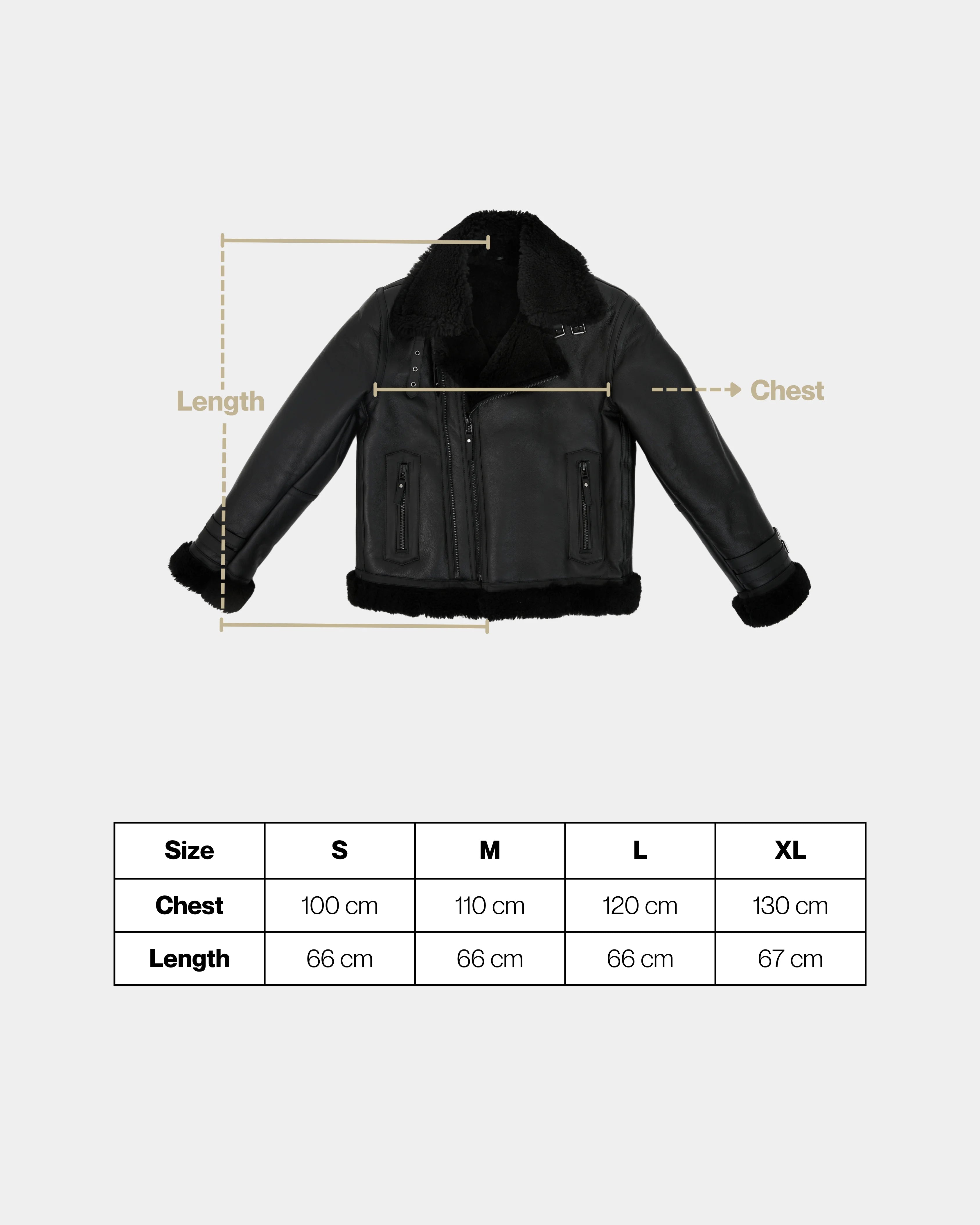Black jacket with measurement lines and a size chart on a white background