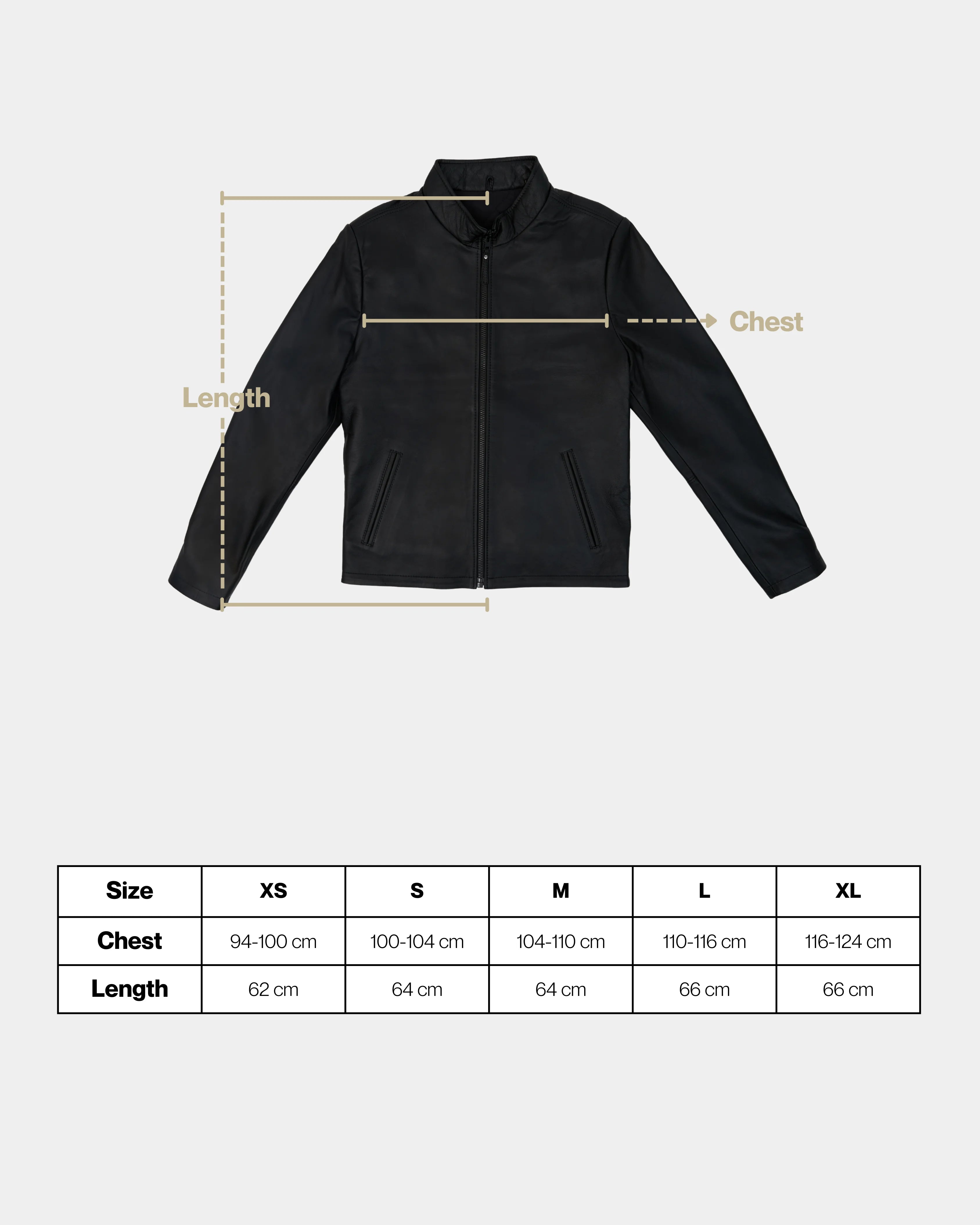 Black jacket with measurement lines and a size chart on a white background