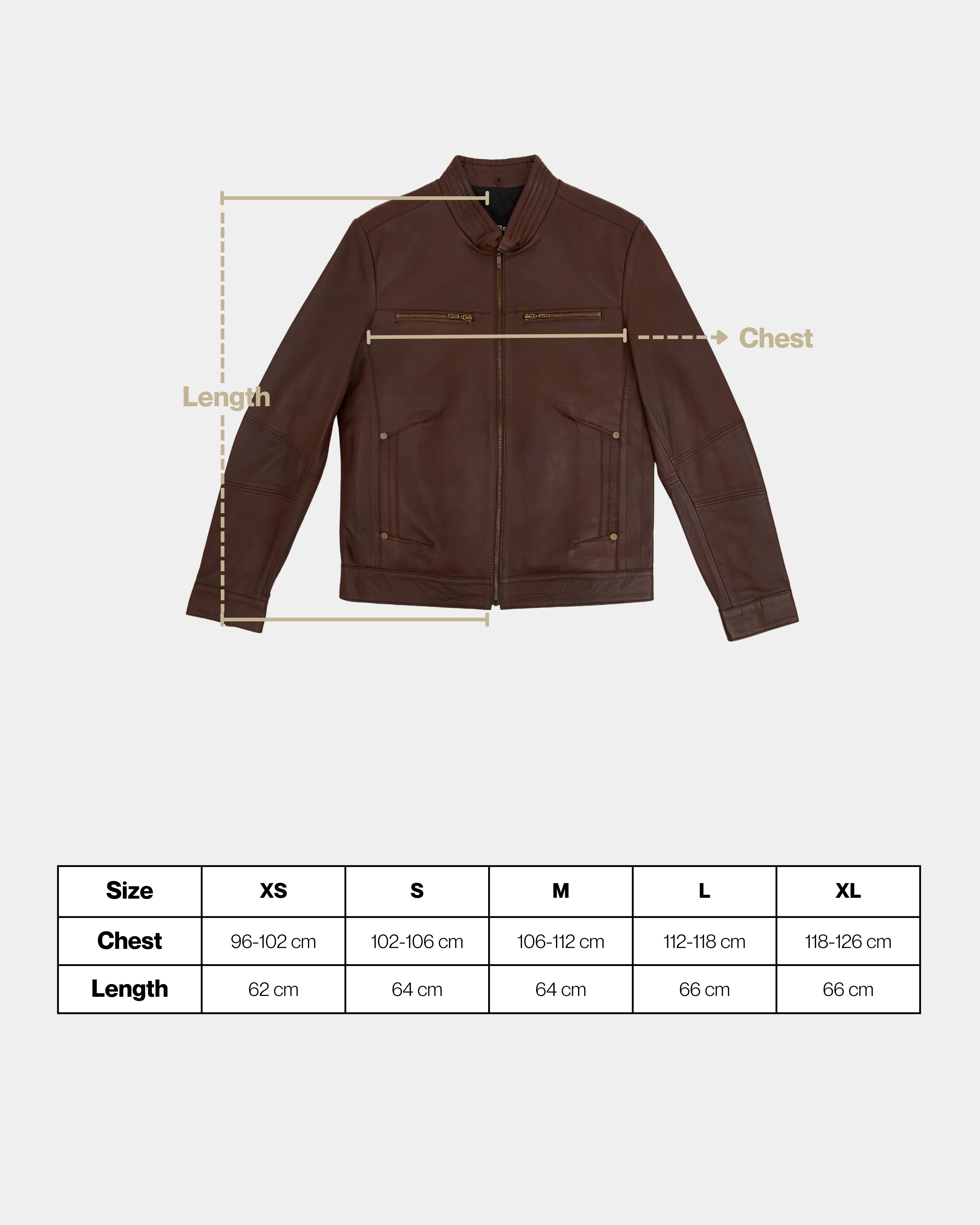 Brown leather jacket with measurement chart on a white background