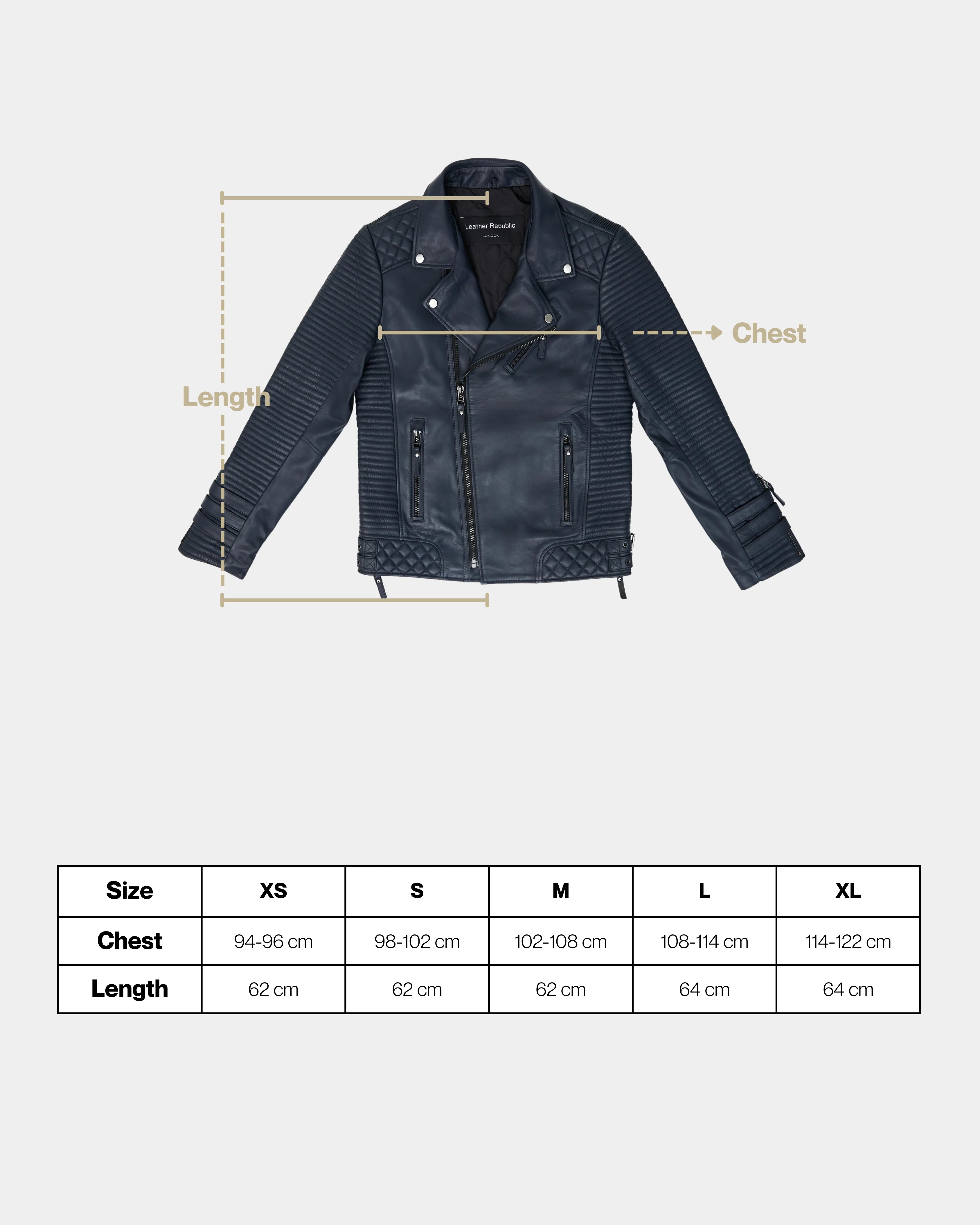 Navy blue leather biker jacket with measurement lines and size chart on a white background
