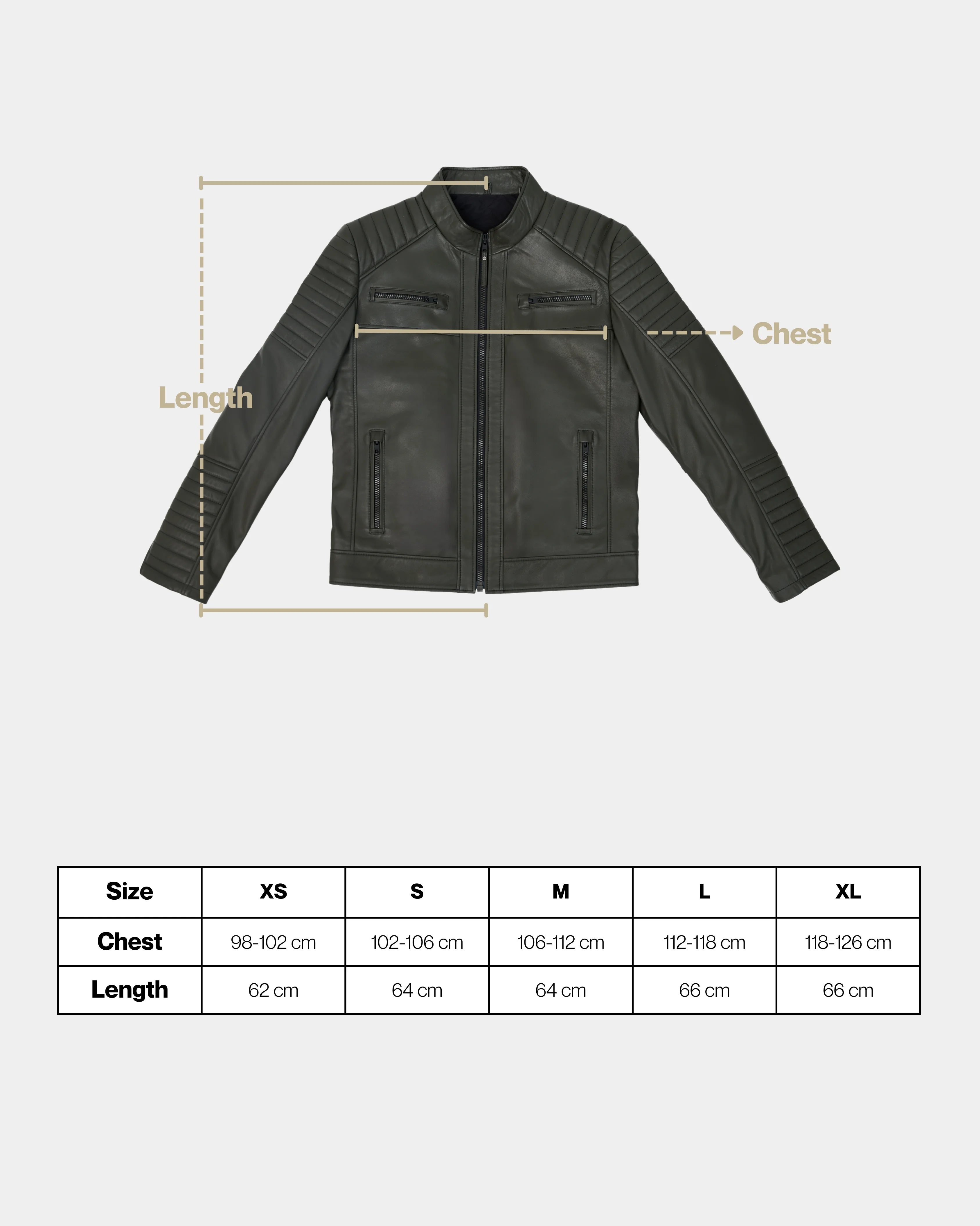Dark green leather jacket with measurement chart on a white background