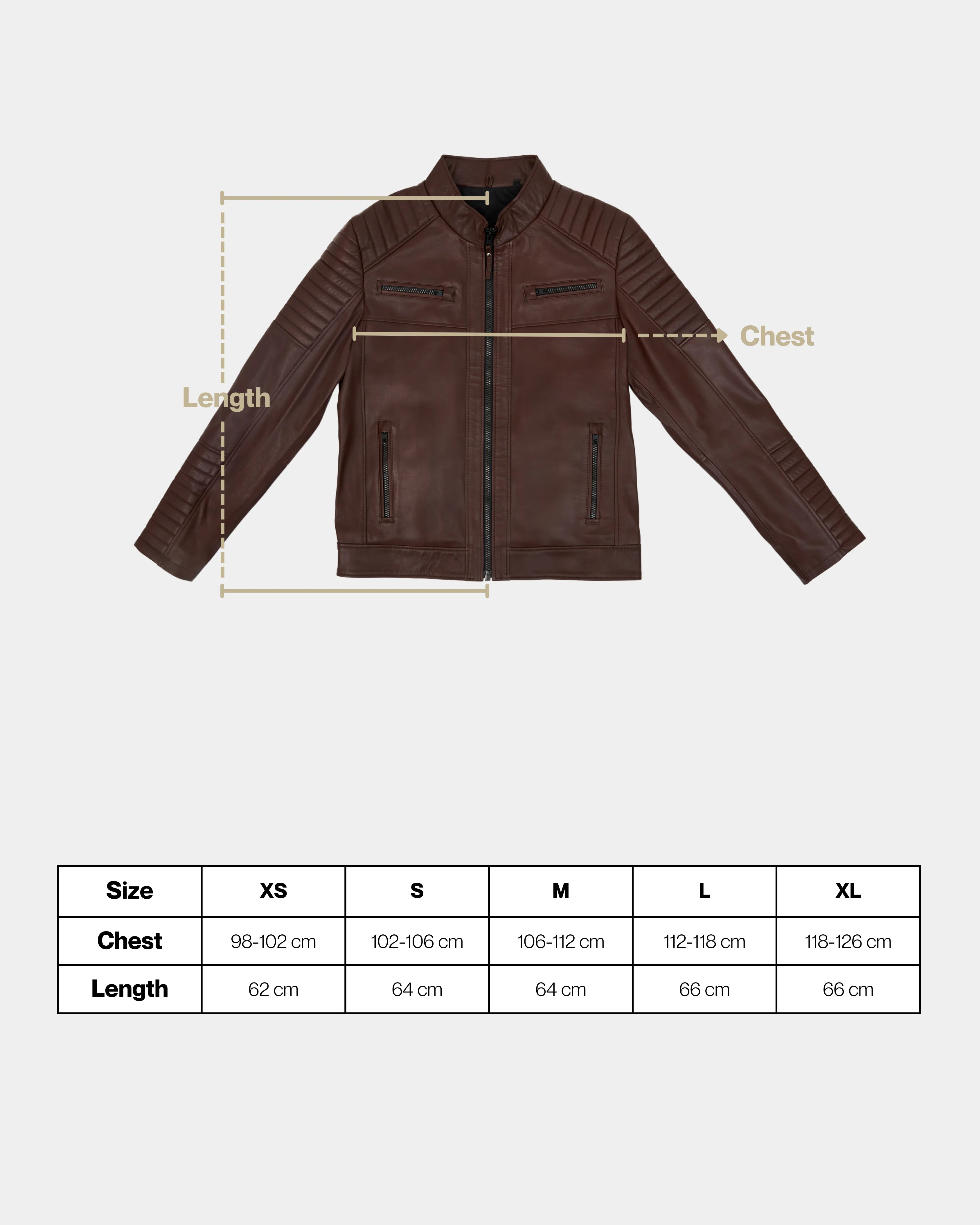 Brown leather jacket with measurement chart on a white background
