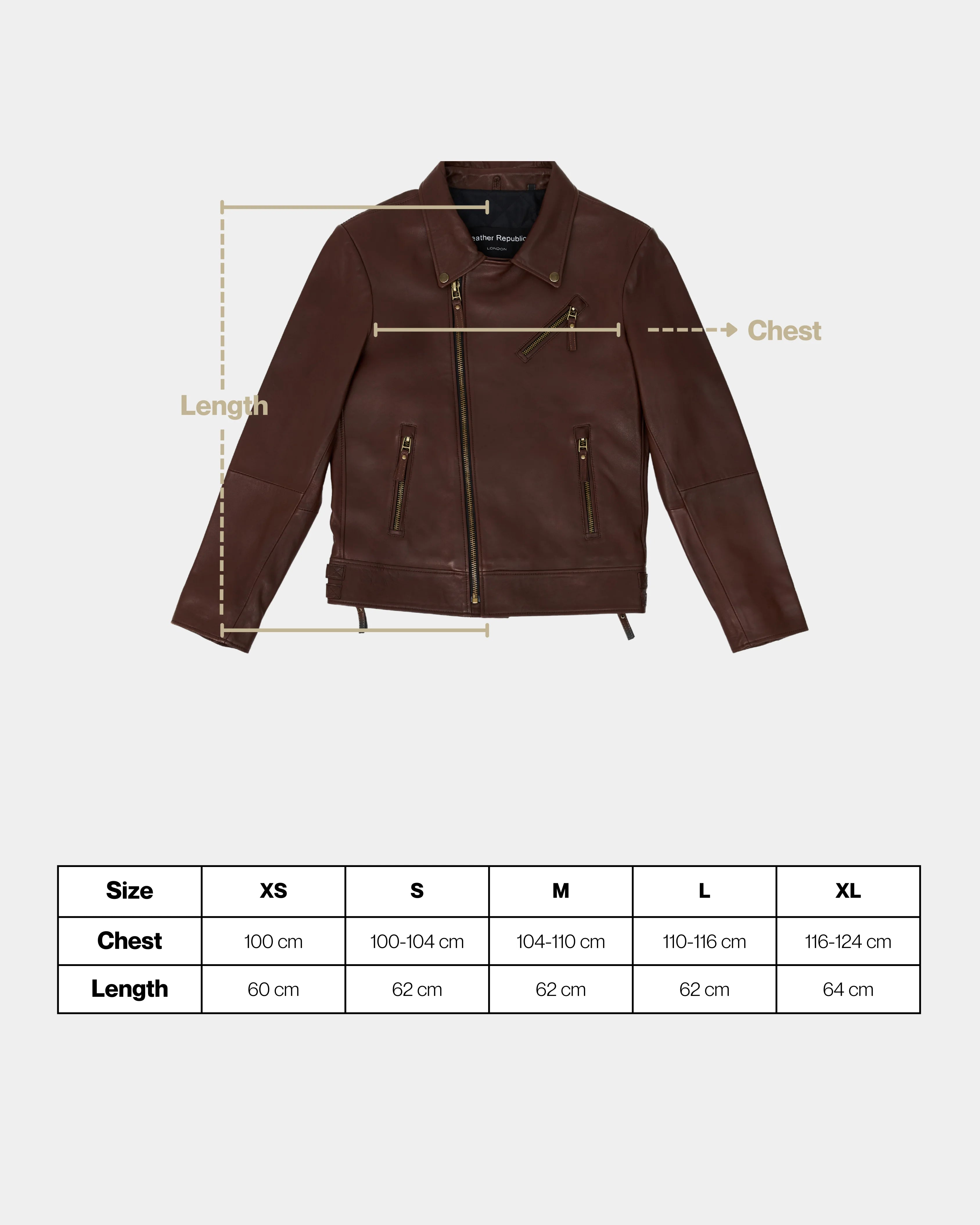 Brown leather jacket with measurement labels and size chart on a white background