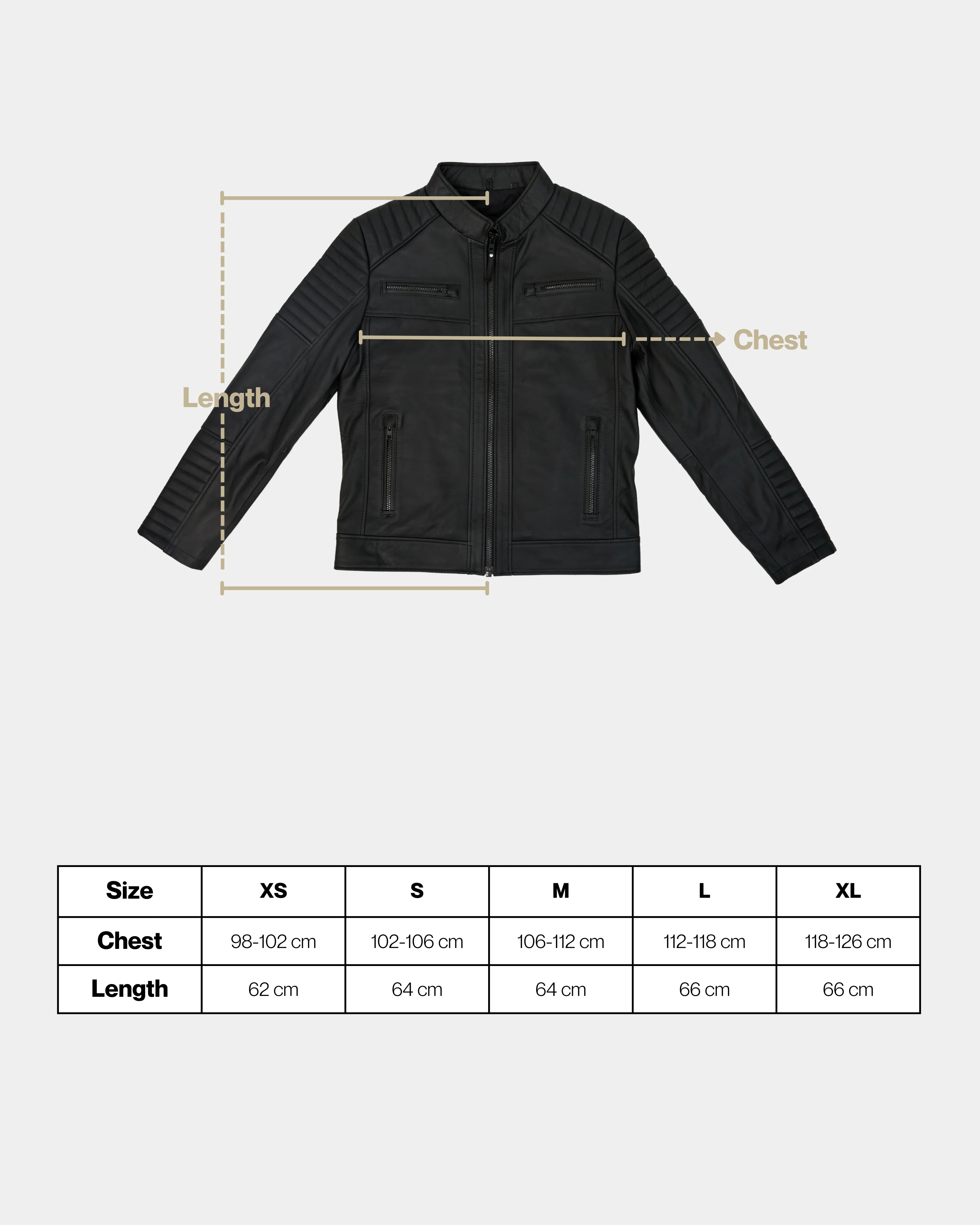 Black jacket with measurement lines and size chart on a white background