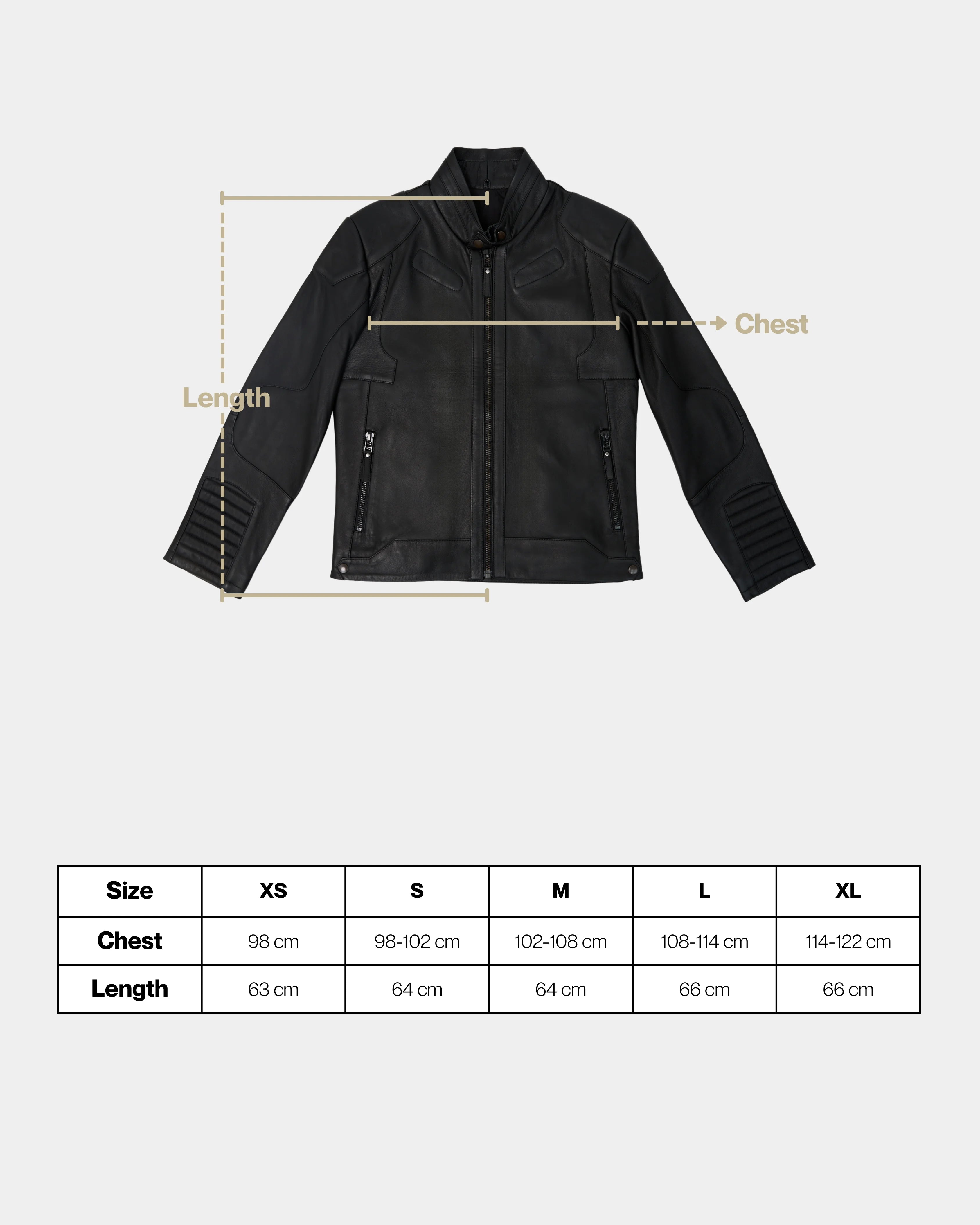 Black leather jacket with measurement lines and size chart on a white background