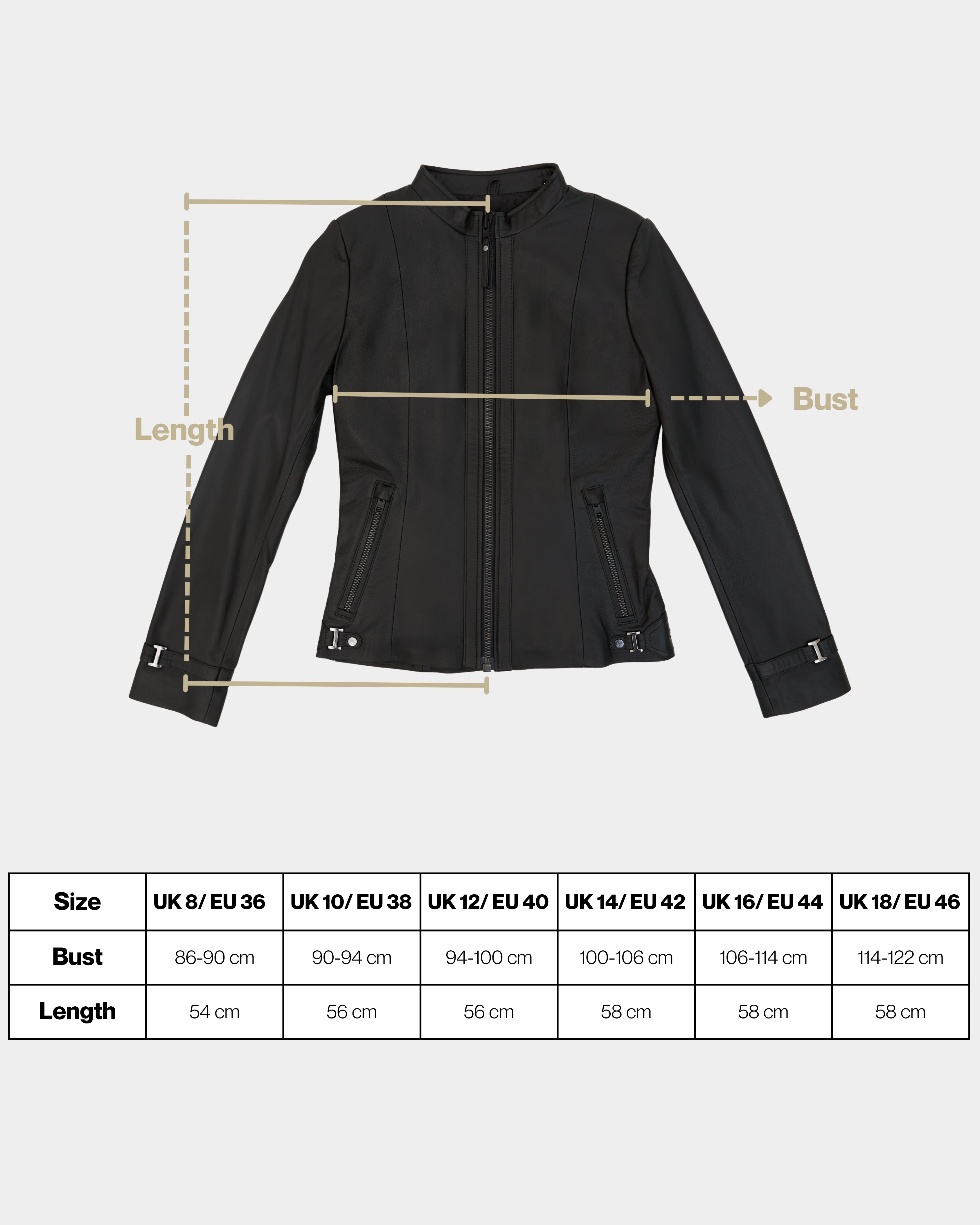 Black jacket with measurement lines and size chart on a white background