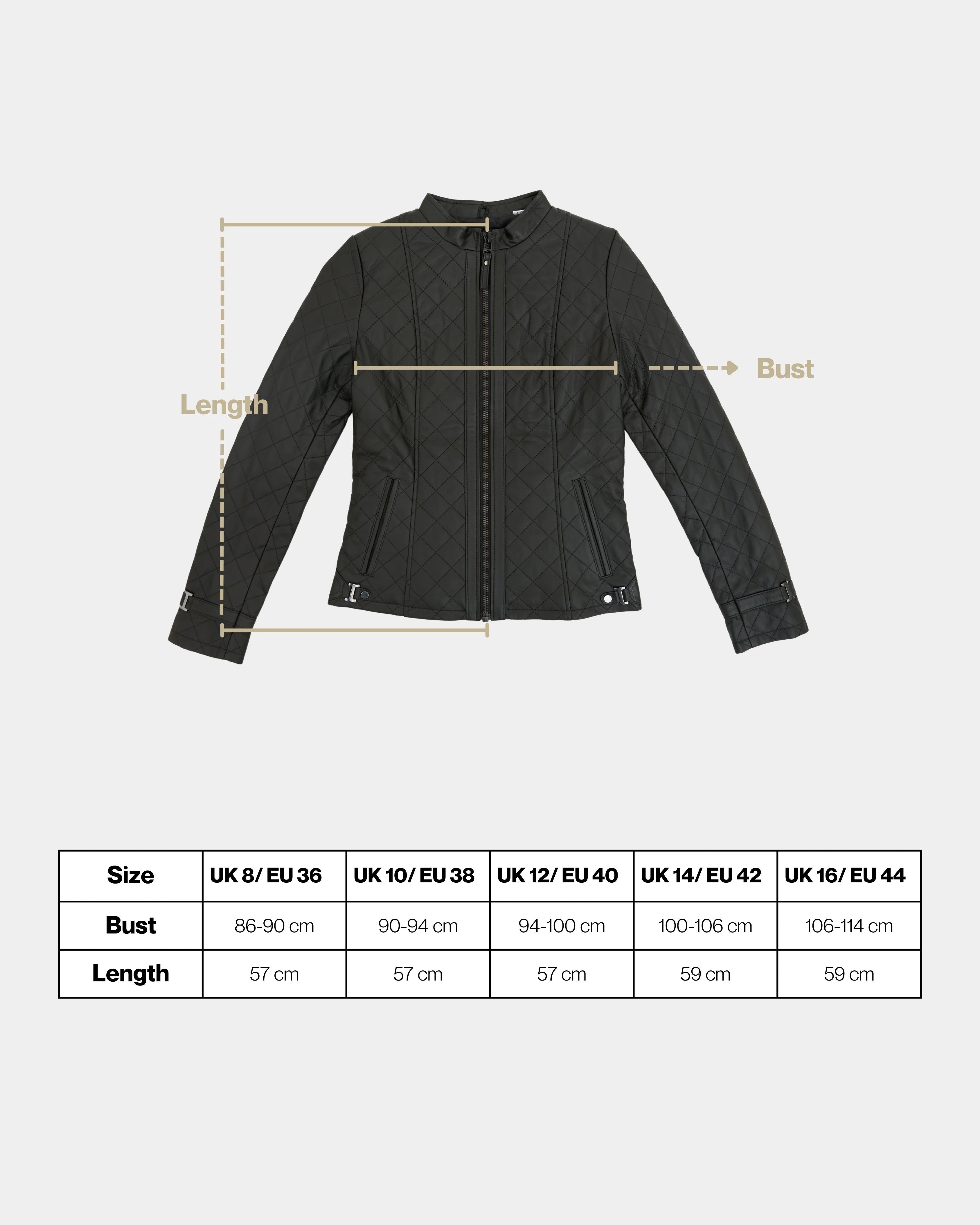 Black jacket with measurement lines and size chart on a white background