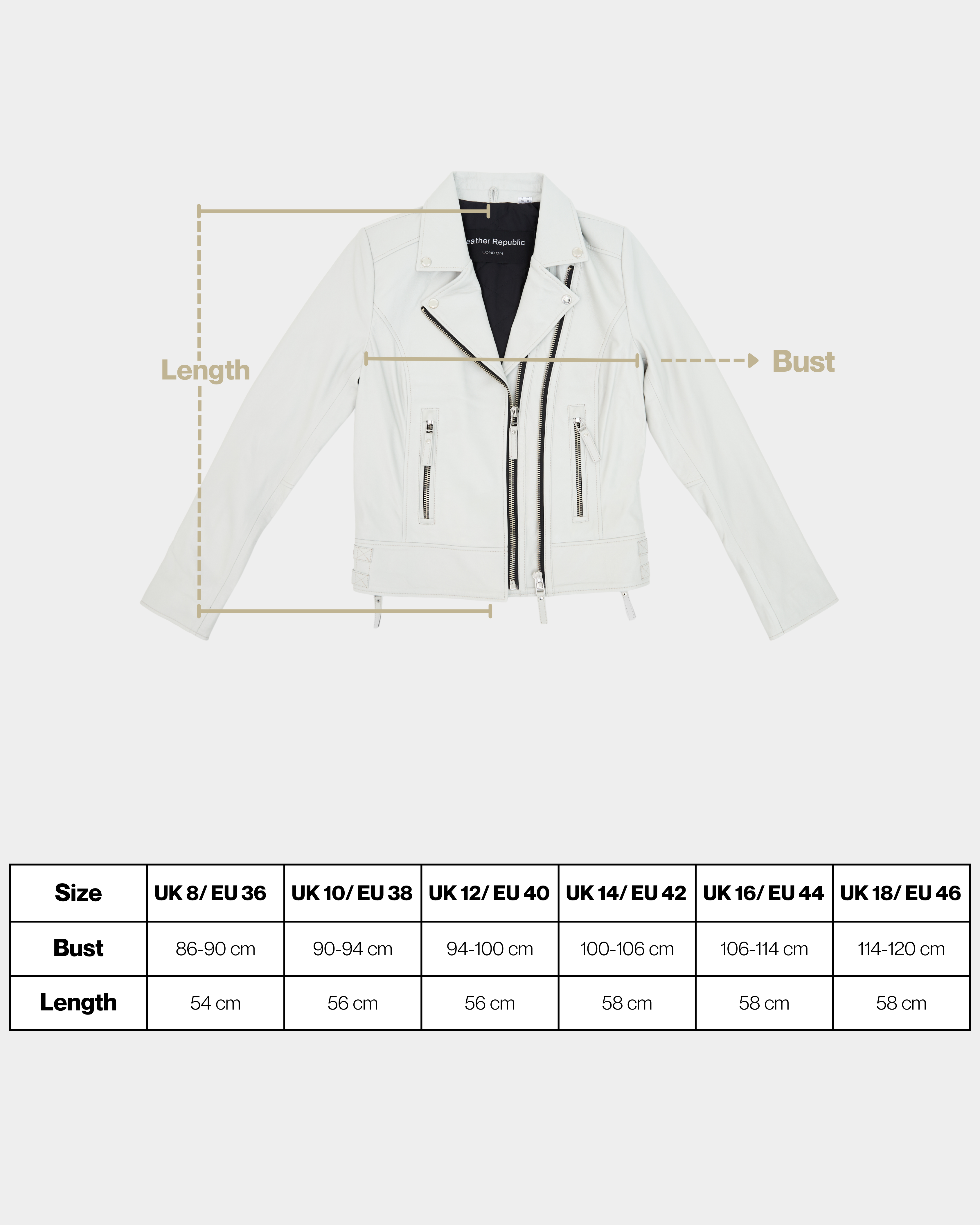 White jacket with measurement lines and size chart on a white background