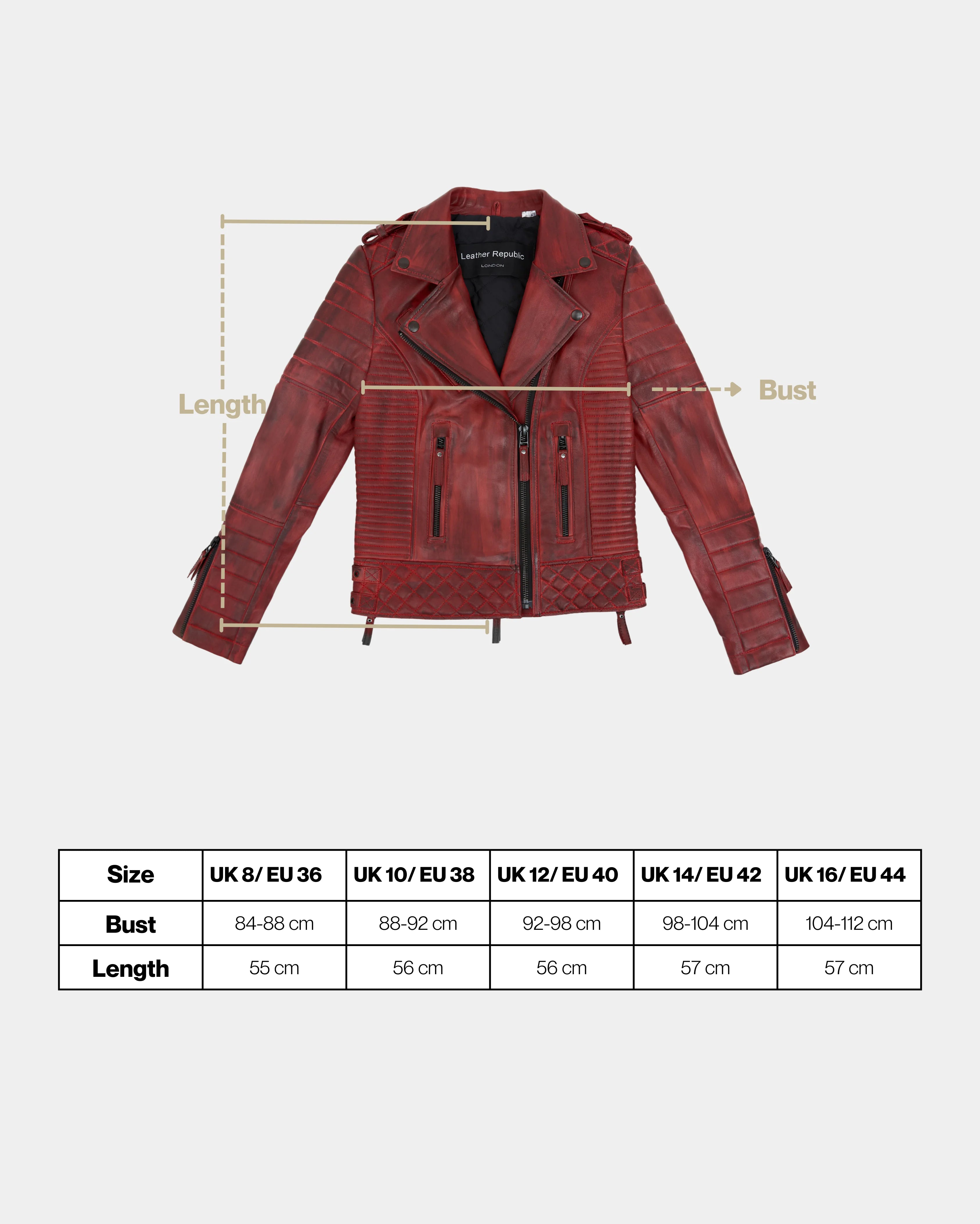 Red leather jacket with measurement lines and size chart on a white background