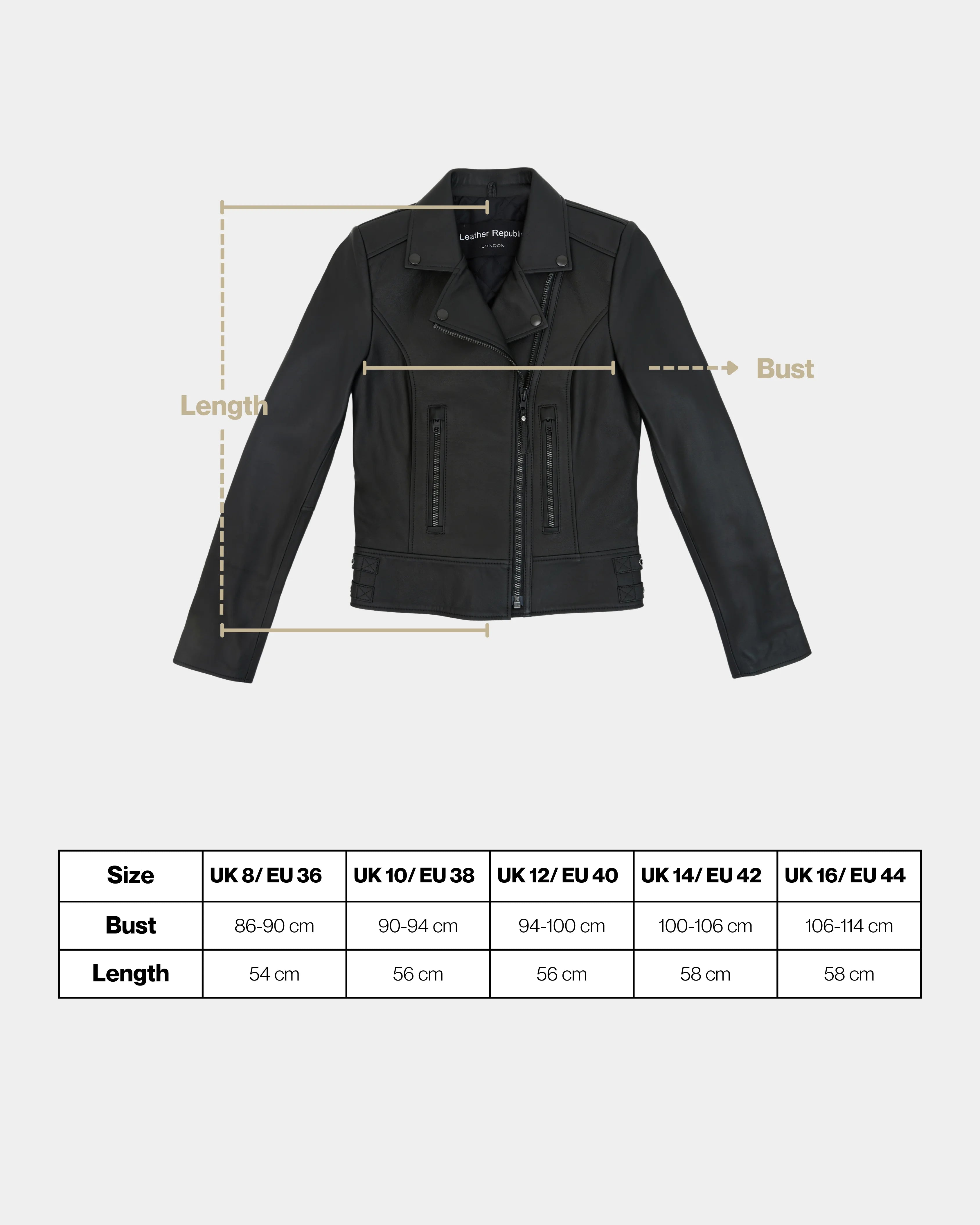 Black leather jacket with measurement lines and size chart on a white background