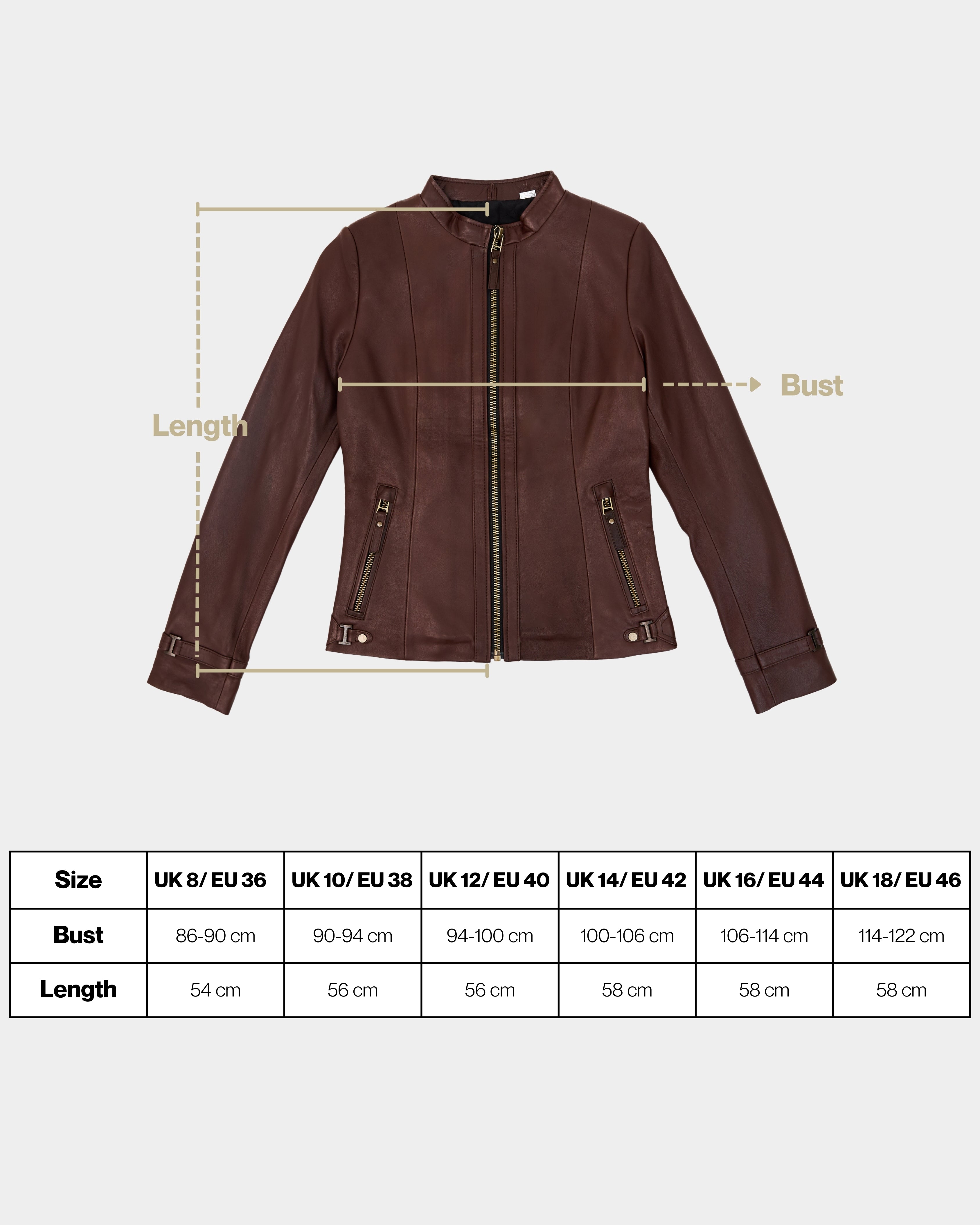 Brown leather jacket with measurement lines and size chart on a white background