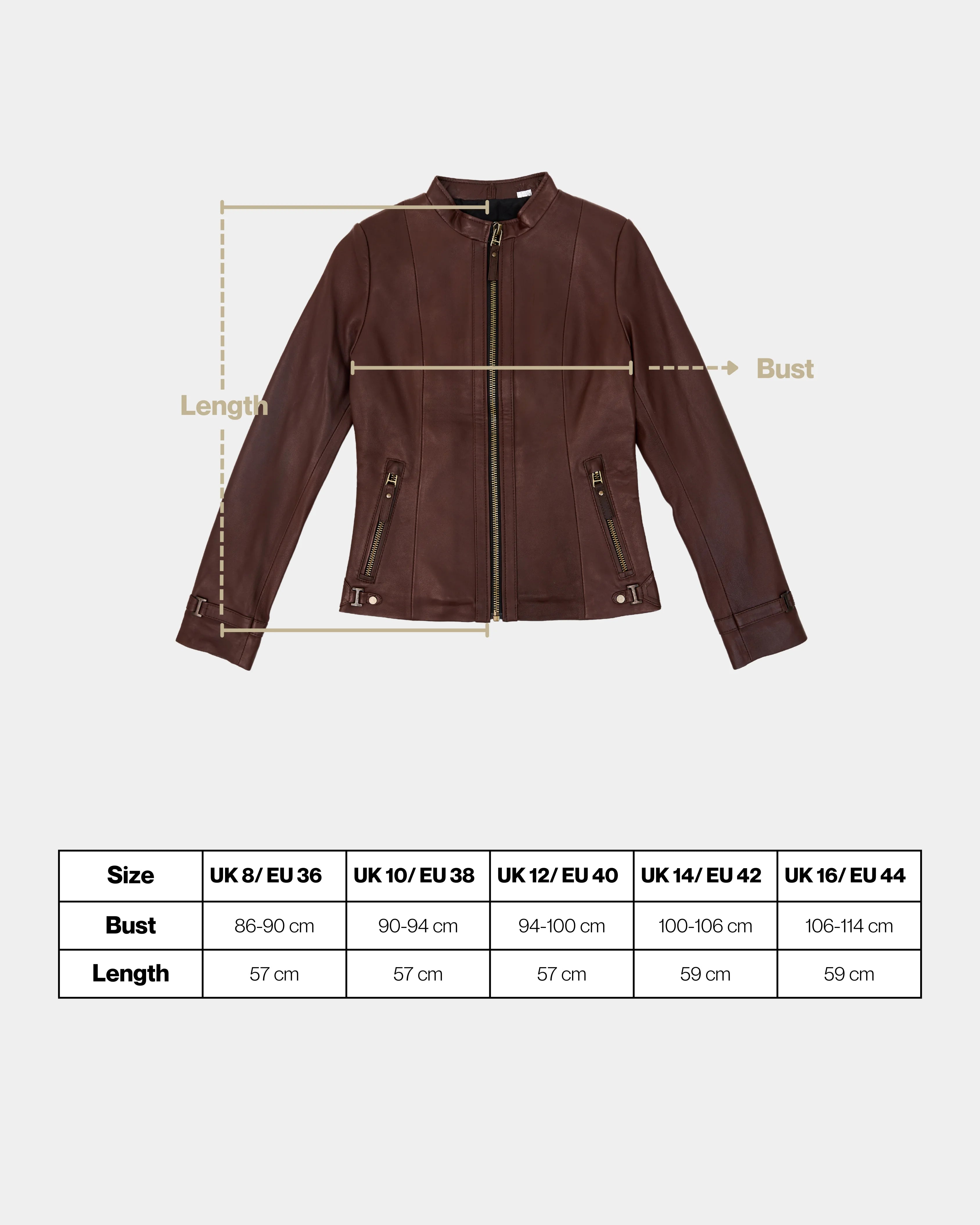 Brown leather jacket with measurement lines and size chart on a white background