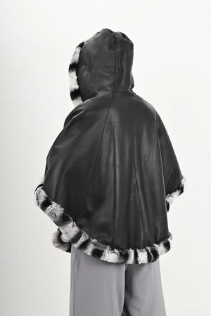 BLACK FUR LEATHER PONCHO