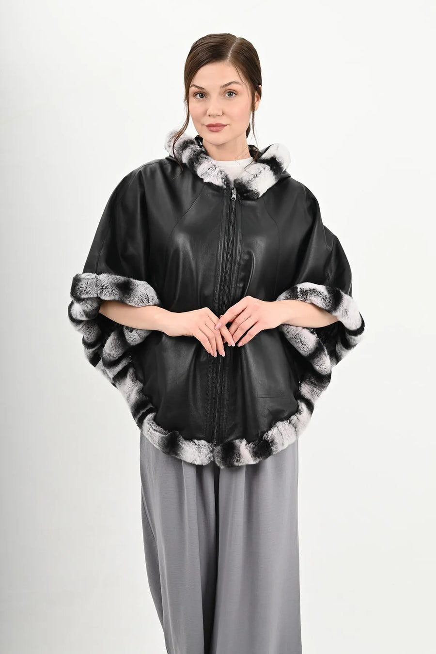 BLACK FUR LEATHER PONCHO