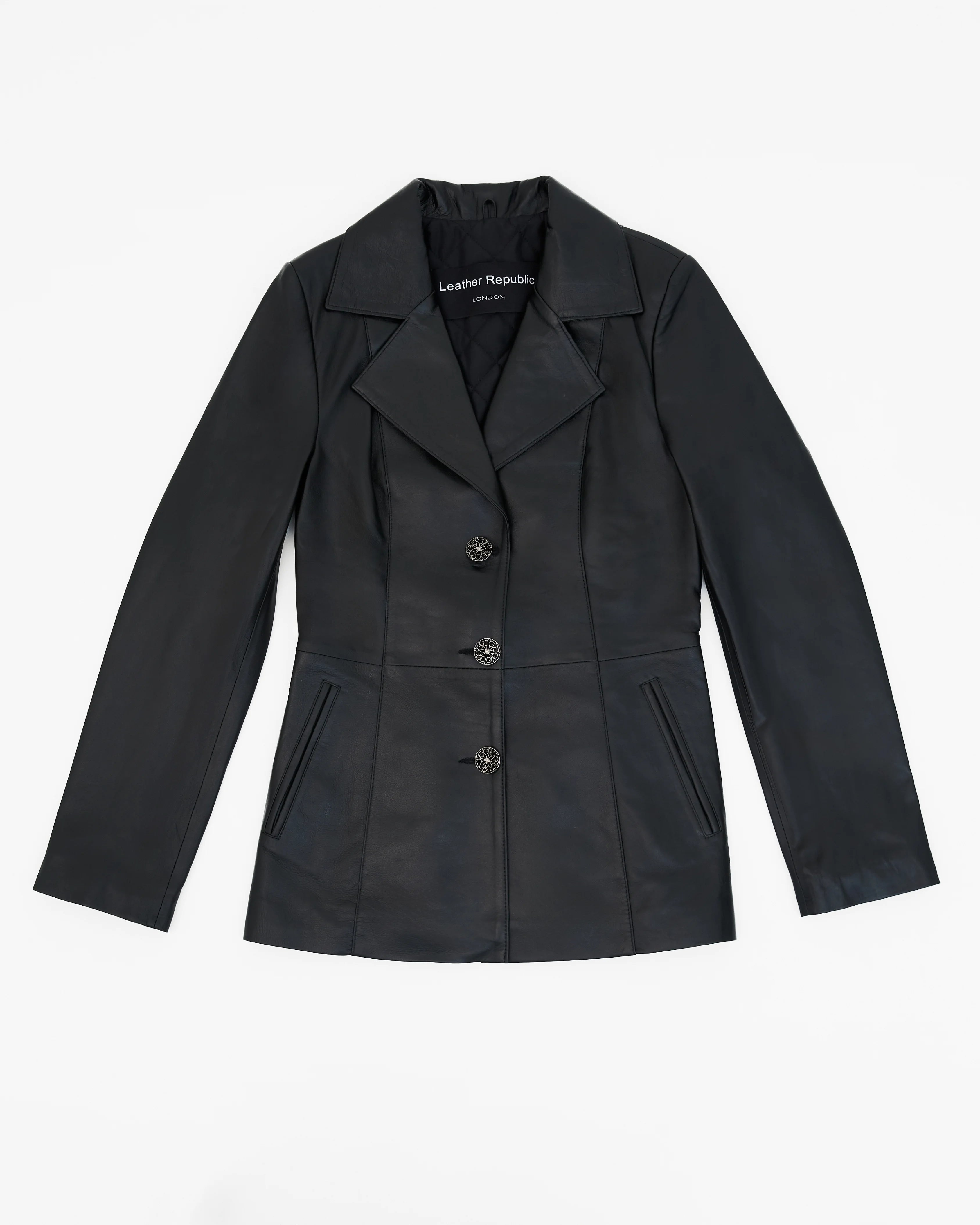 Women’s Matte Black Fitted Leather Blazer Jacket