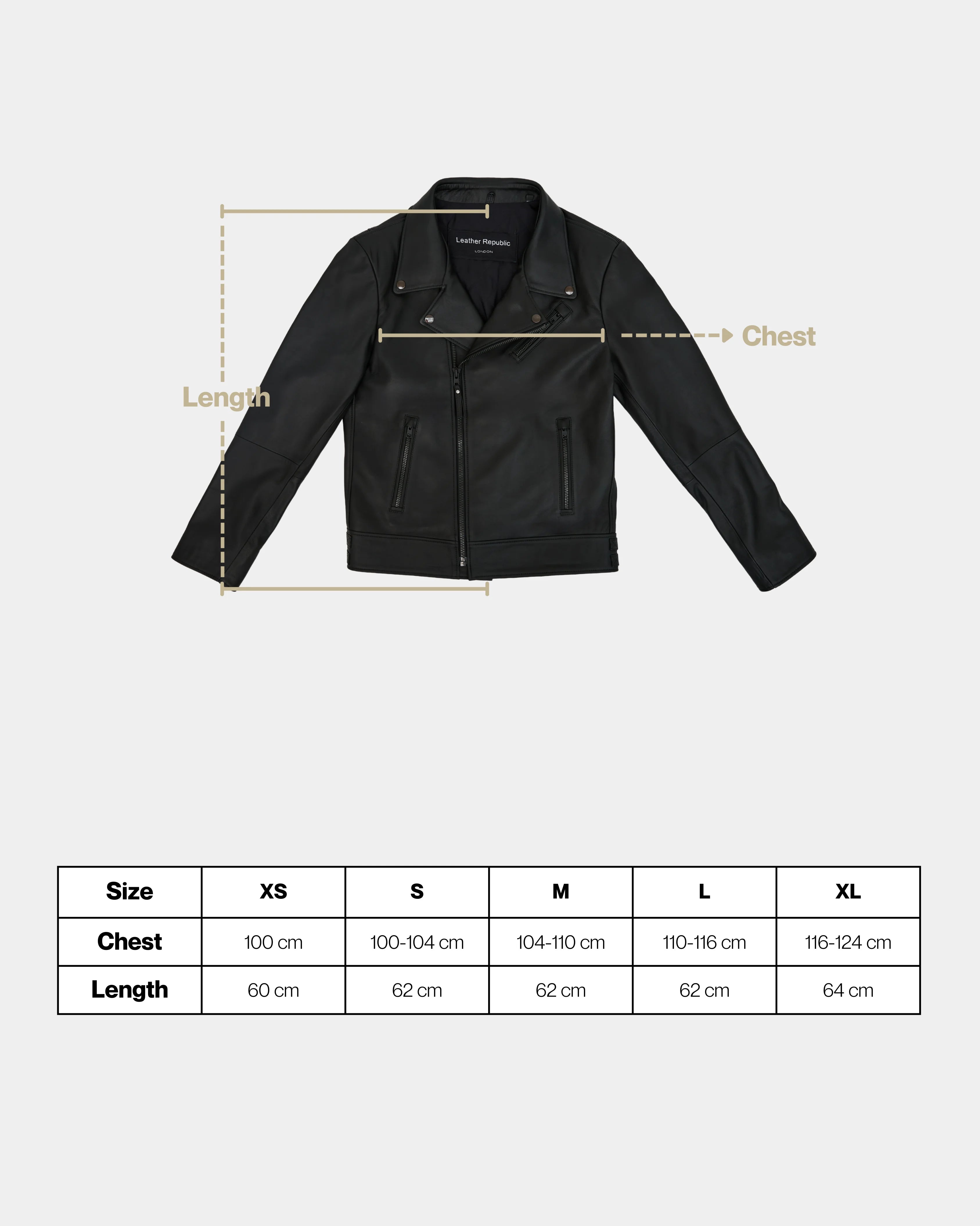 Black leather jacket with measurement labels and size chart on a white background