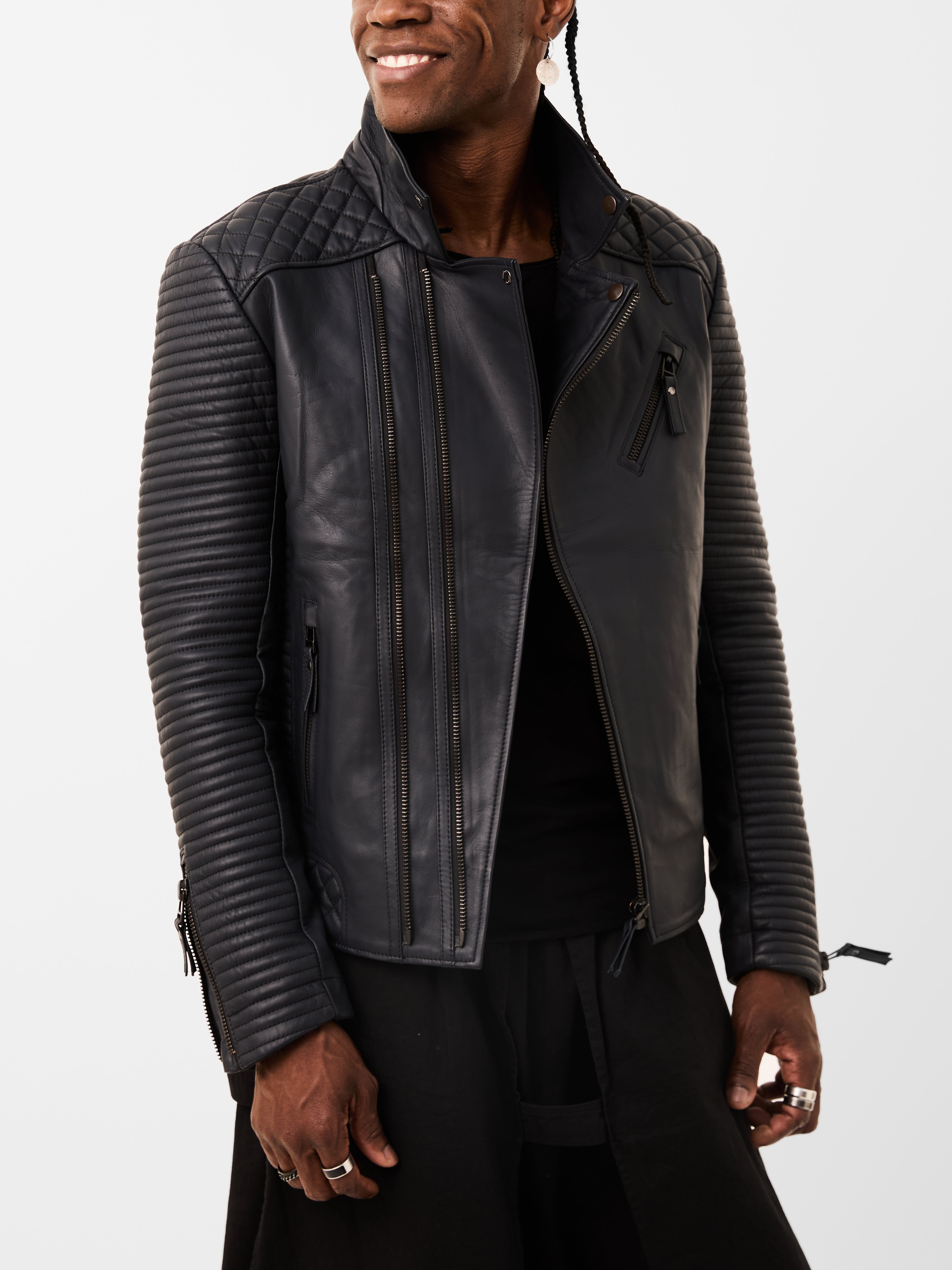 Man wearing a navy blue leather jacket on a white background