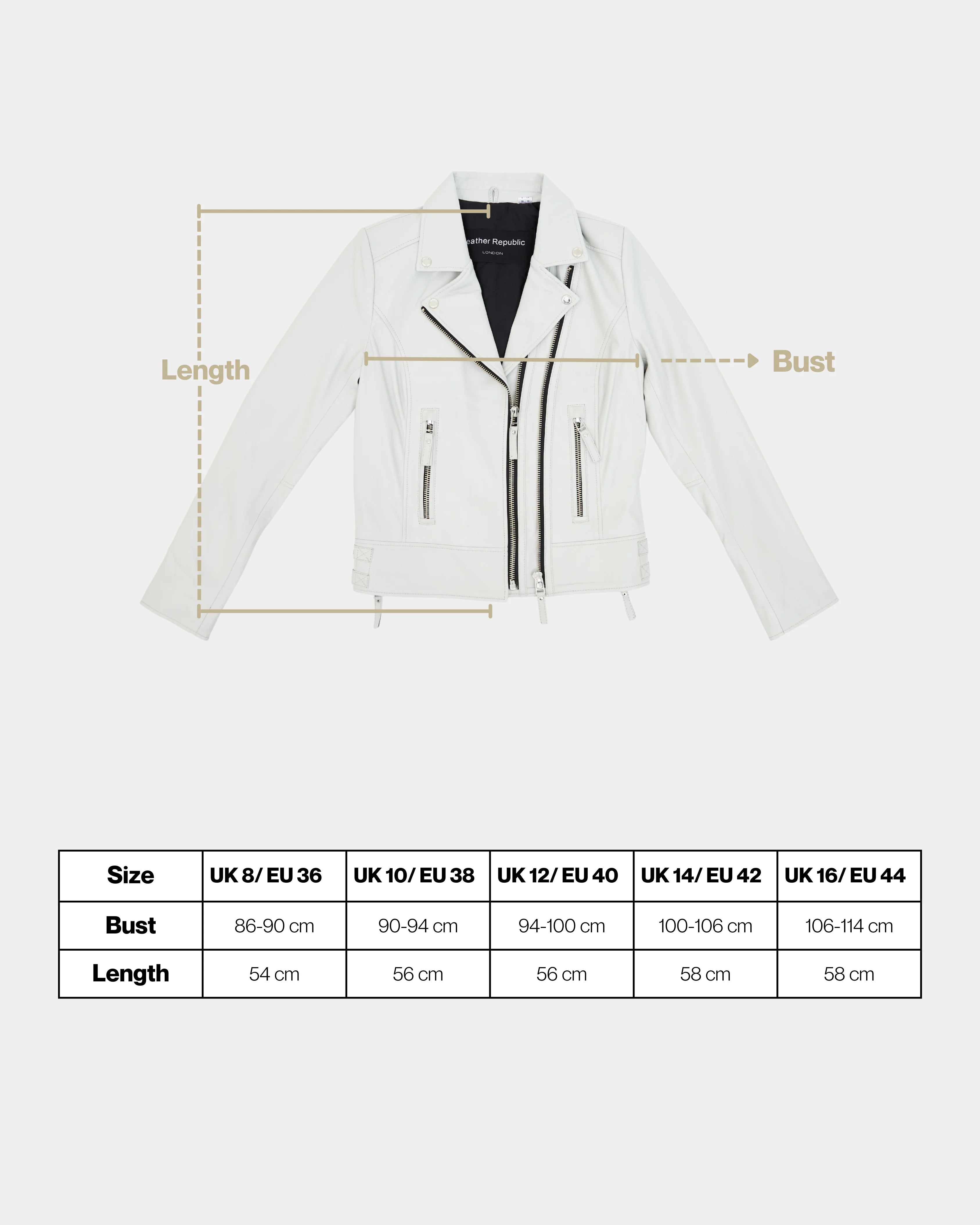 Beige leather jacket with measurement lines and size chart on a white background