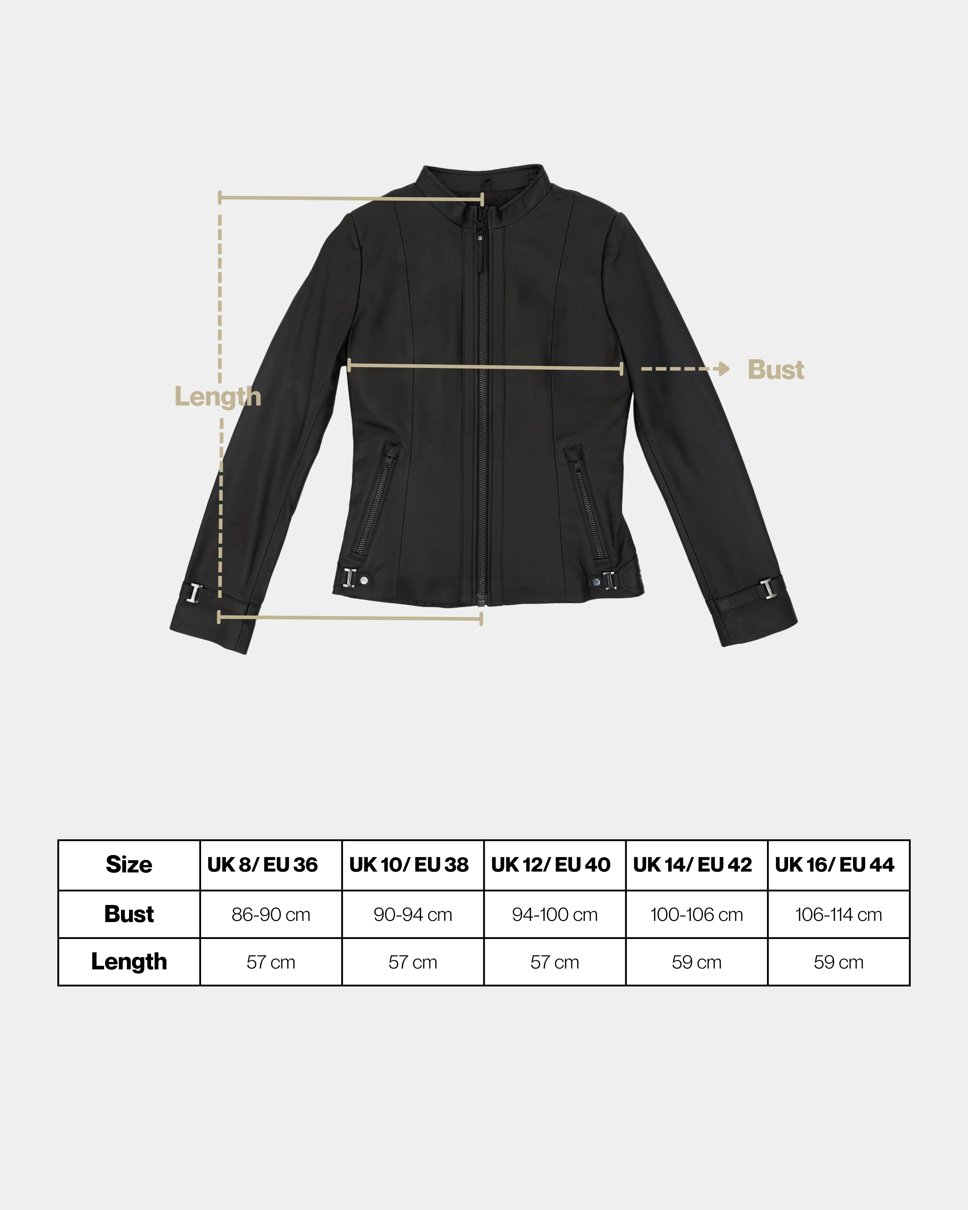 Black jacket with measurement lines and size chart on a white background