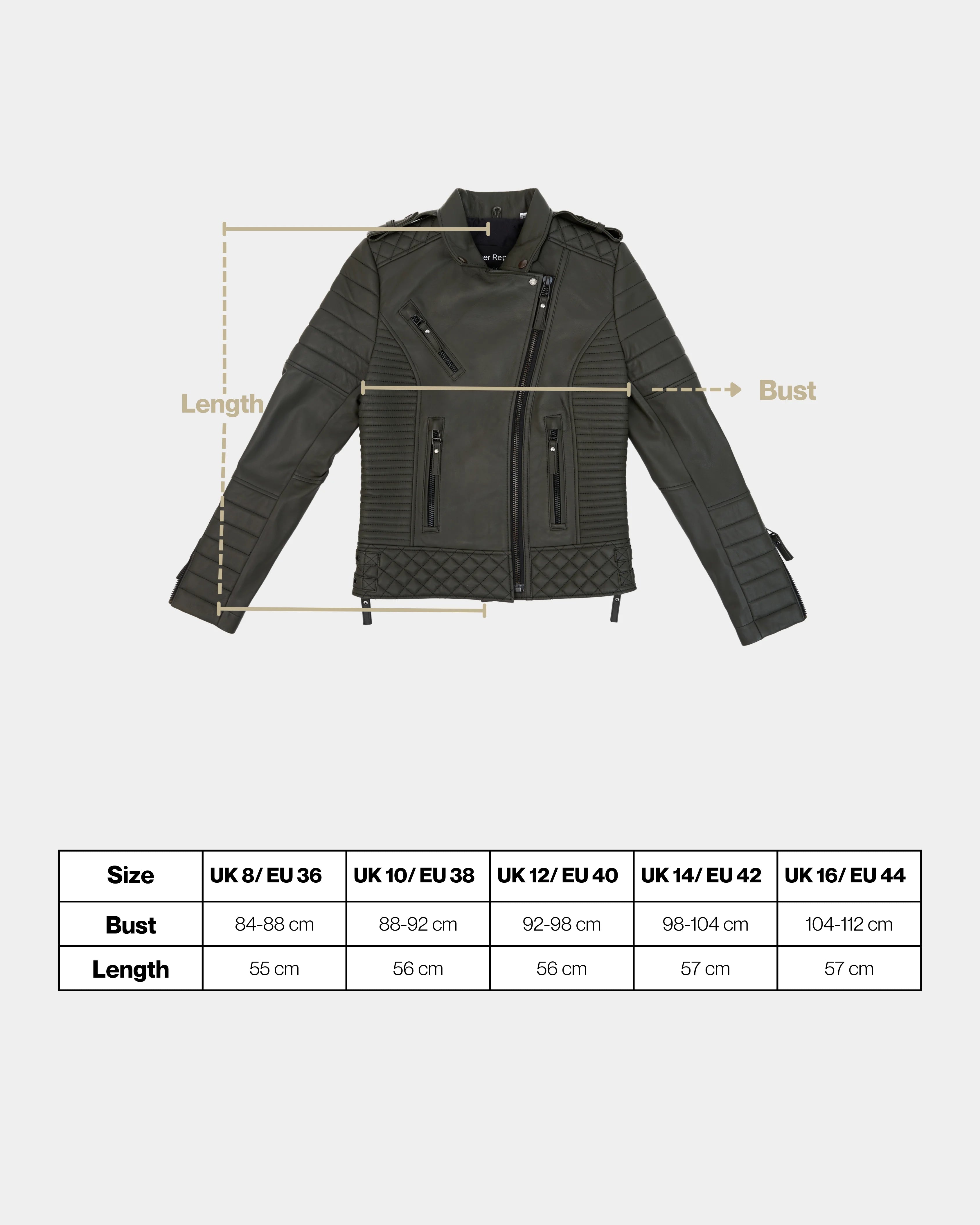 Dark green jacket with measurement lines and size chart on a white background