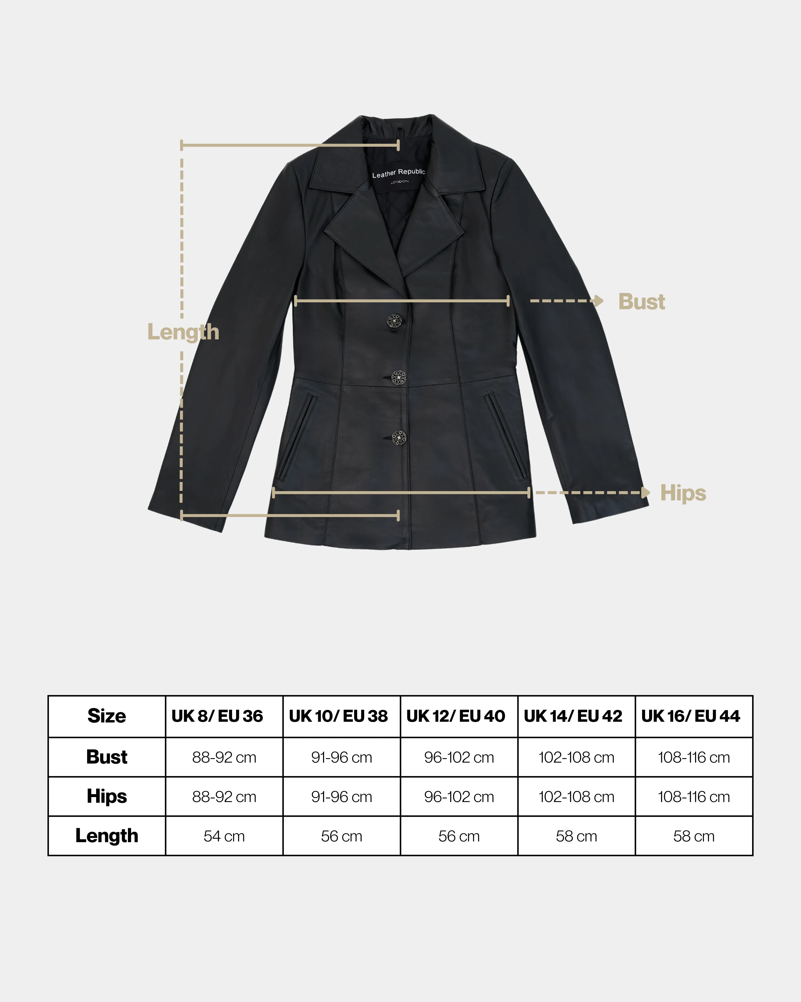 Black jacket with measurement labels and size chart on a white background