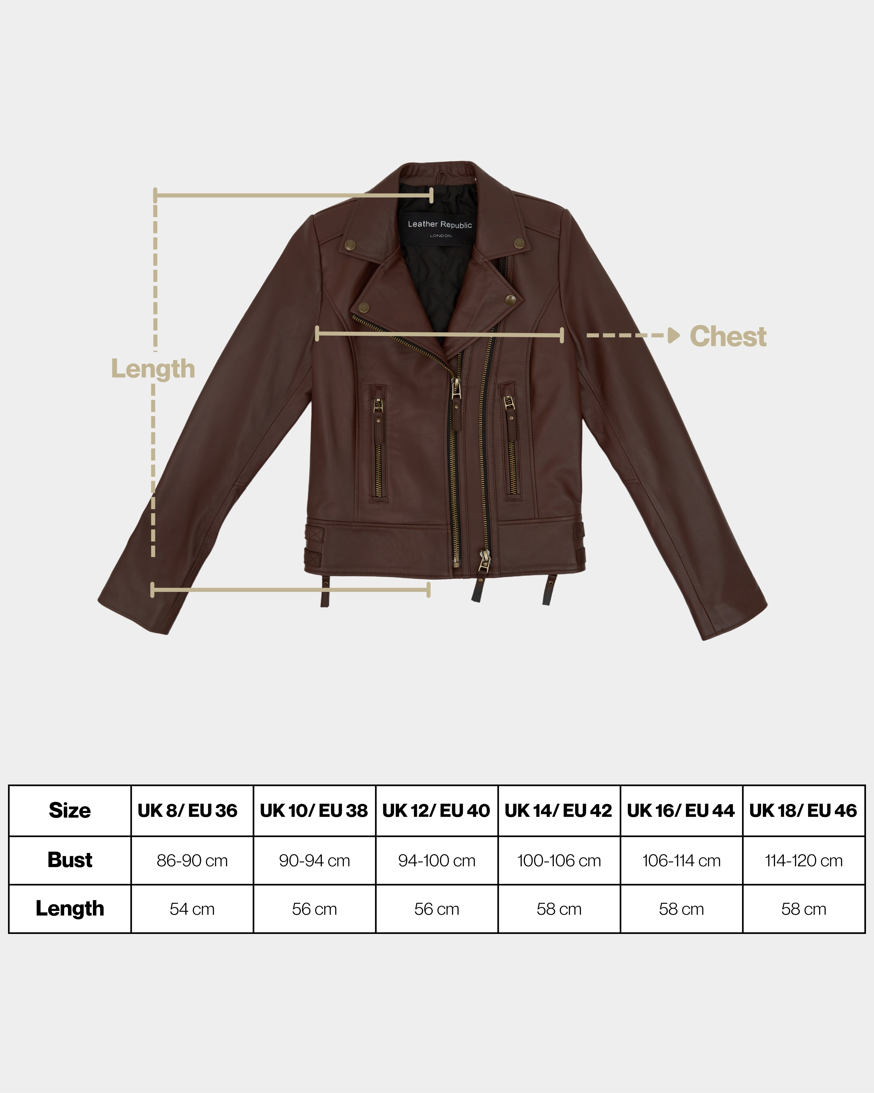 Brown leather jacket with measurement lines and size chart on a white background