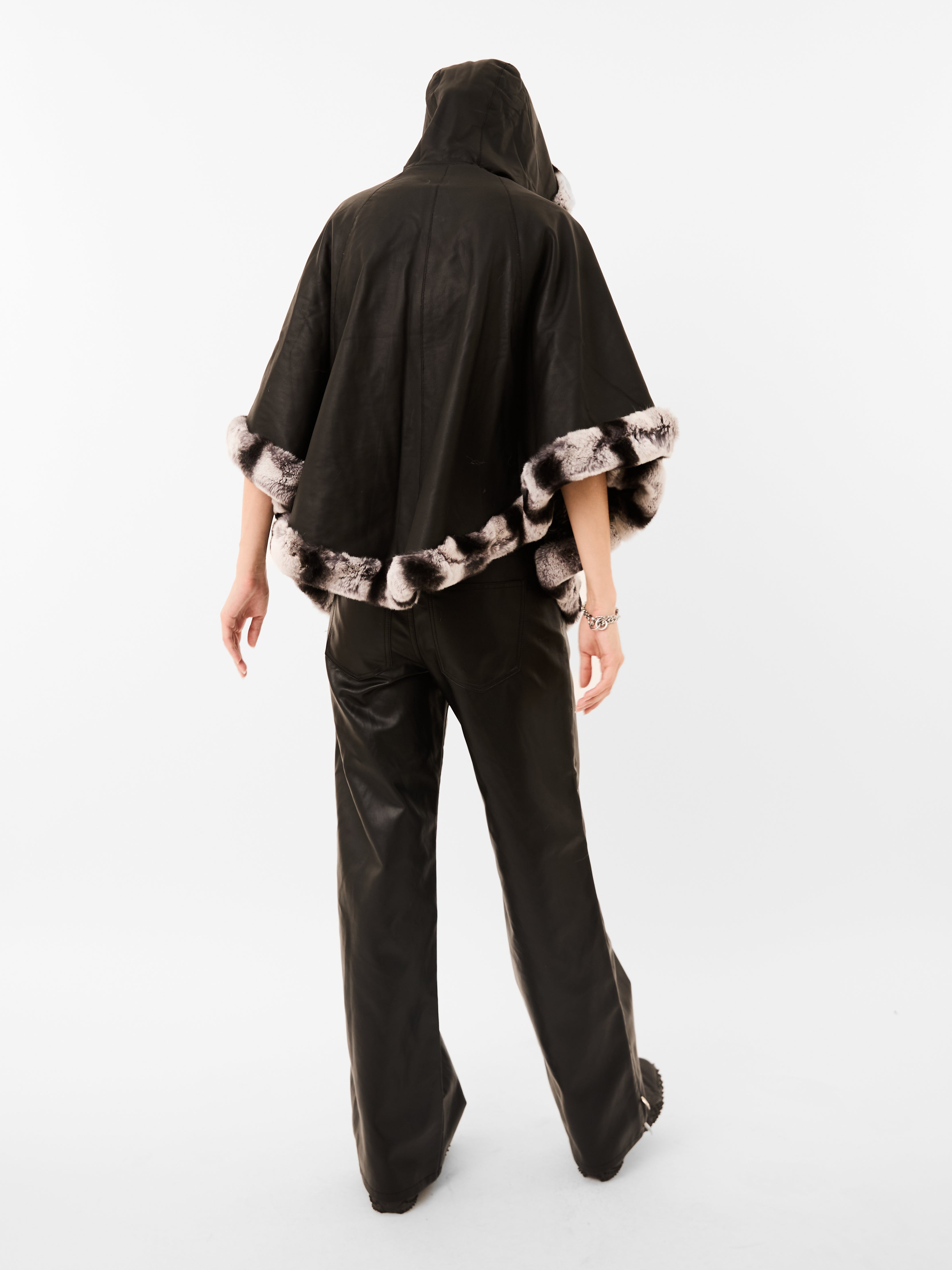Women’s Matte Black Fur Leather Reversible Poncho