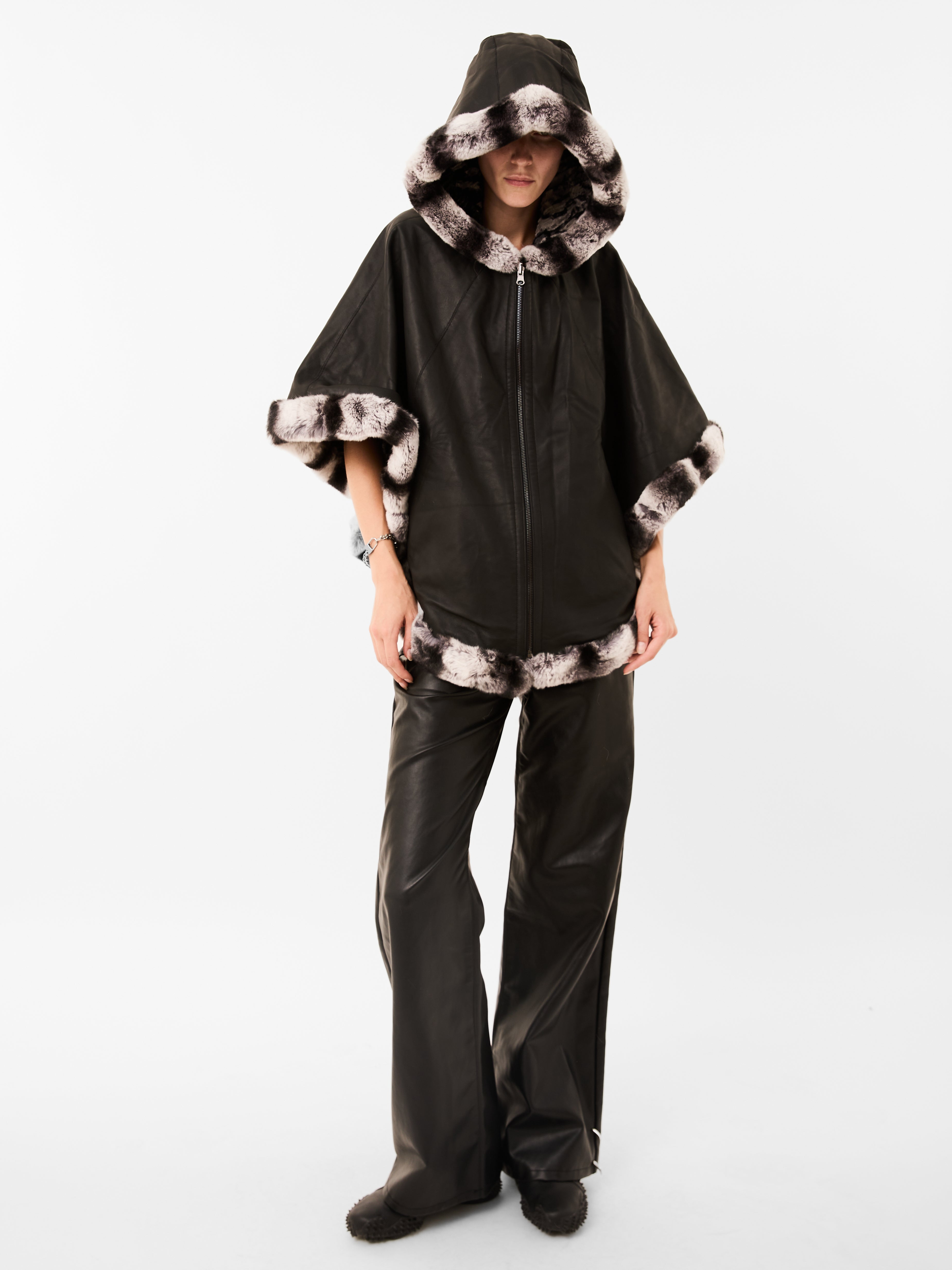 Women’s Matte Black Fur Leather Reversible Poncho