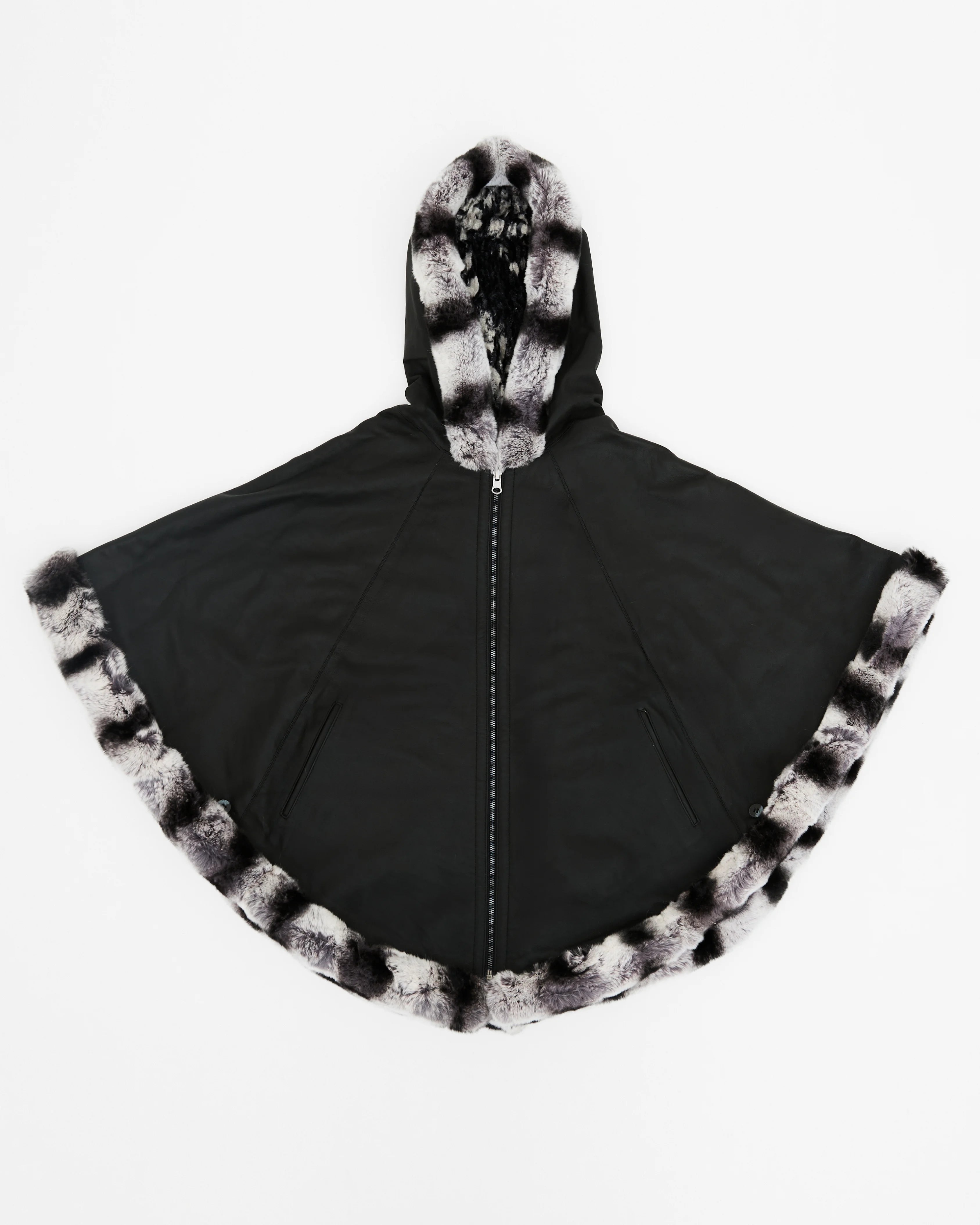 Women’s Matte Black Fur Leather Reversible Poncho
