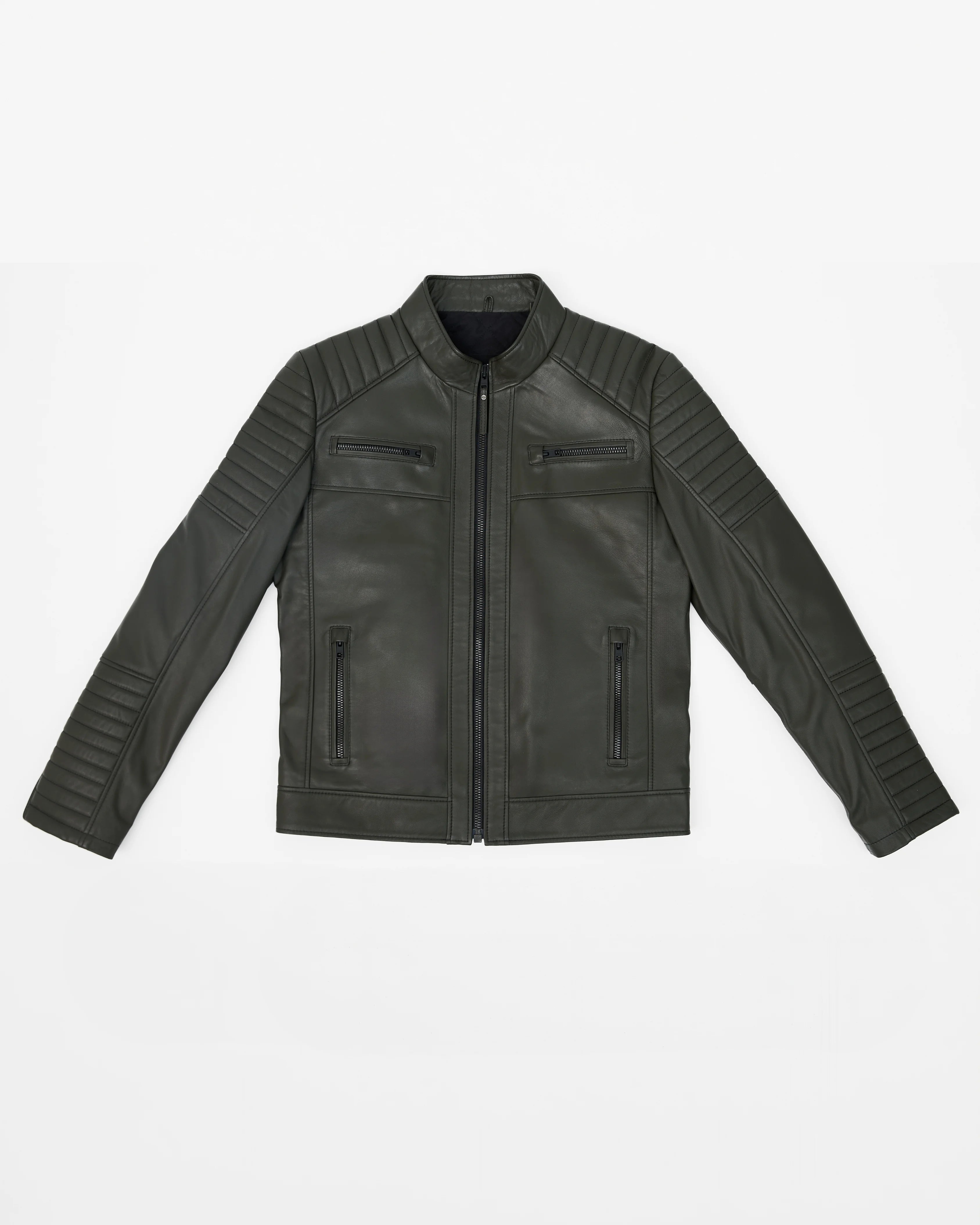 Men’s Quilted Biker Dark Green Leather Jacket