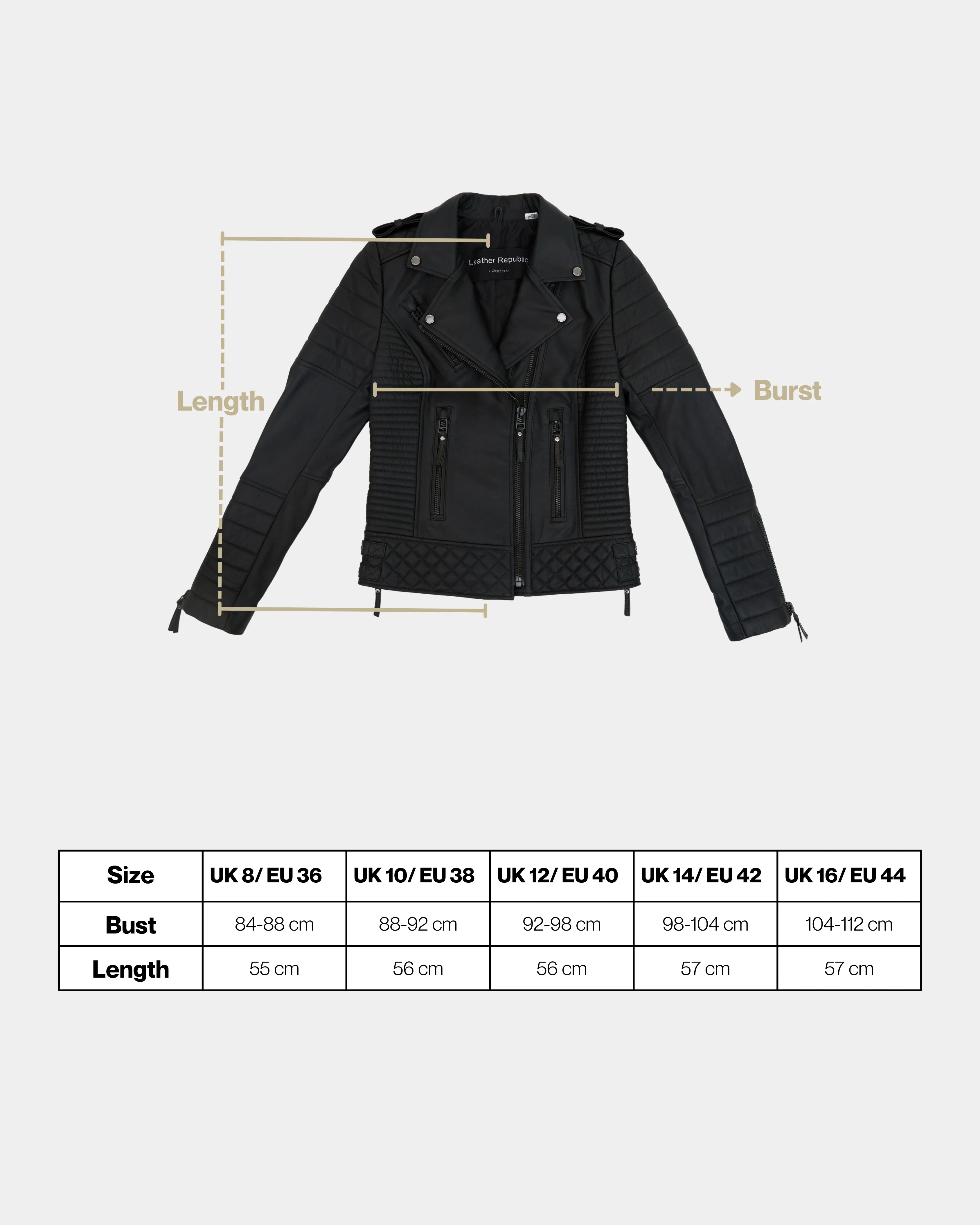 Black jacket with measurement lines and size chart on a white background