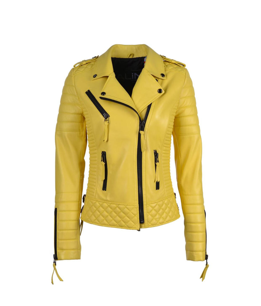 Women`s Yellow Biker Leather Jacket