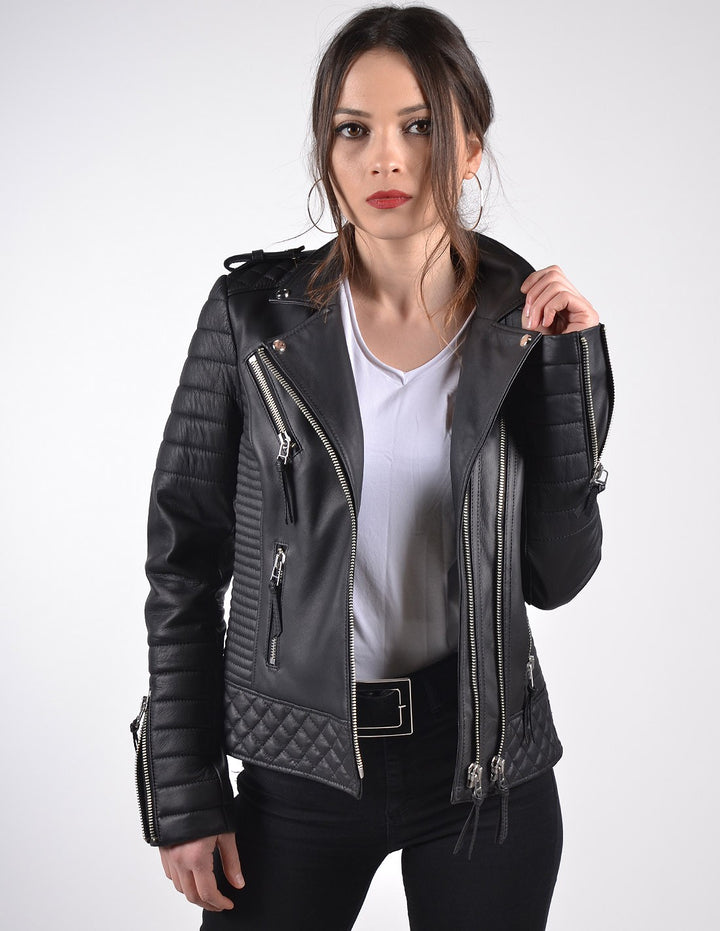 Women`s Black Biker Leather Jacket