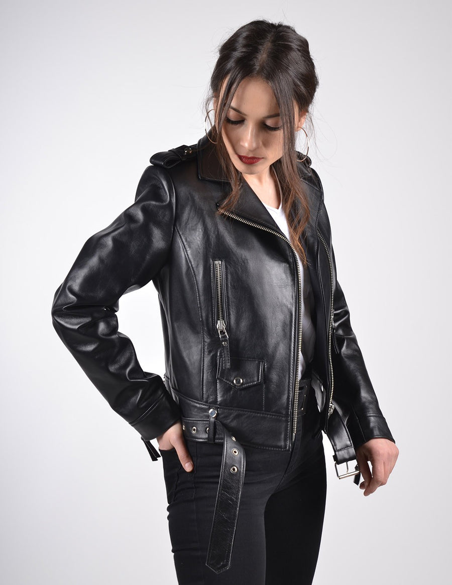 Women`s Black Gloss Classic Biker Leather Jacket