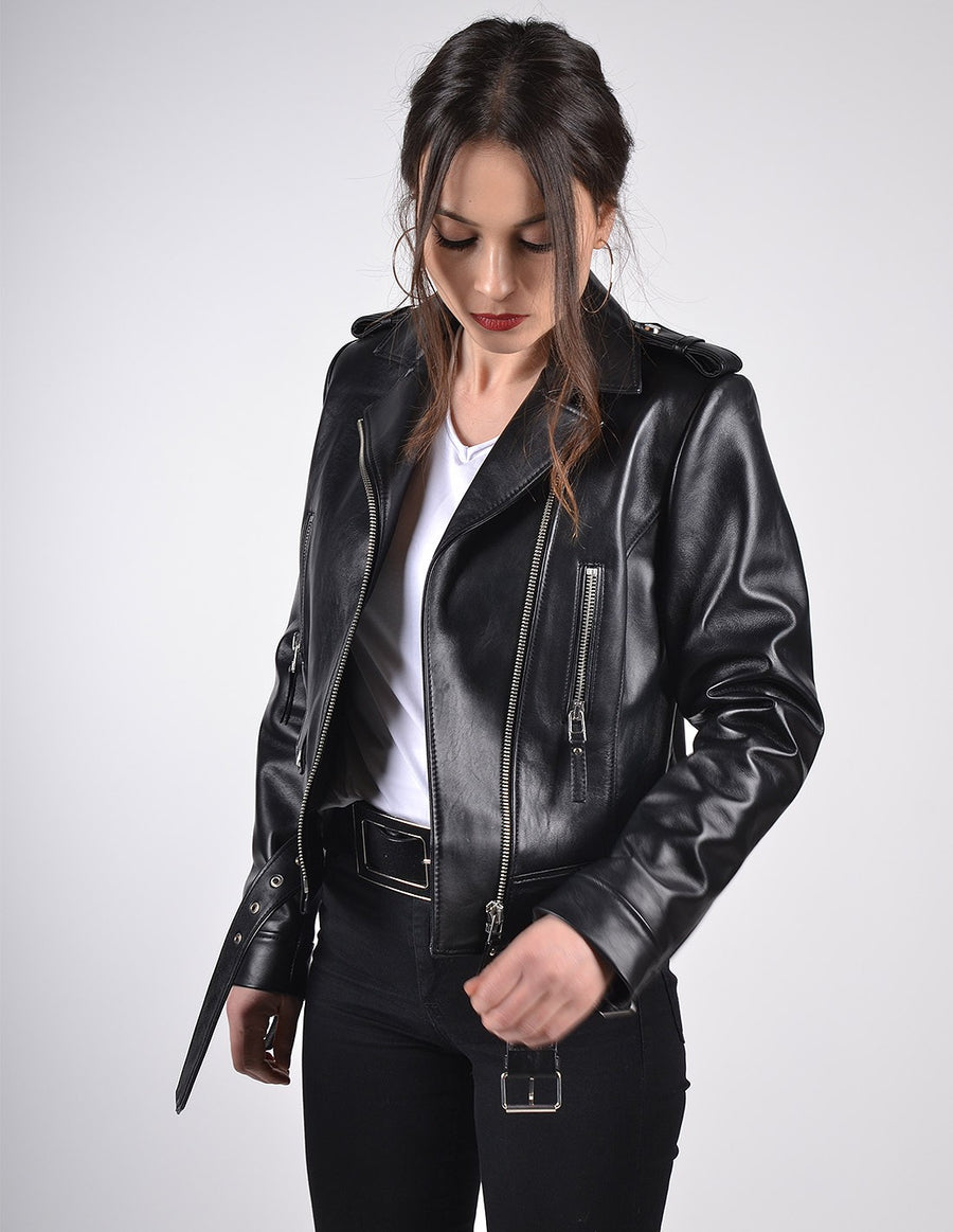 Women`s Black Gloss Classic Biker Leather Jacket