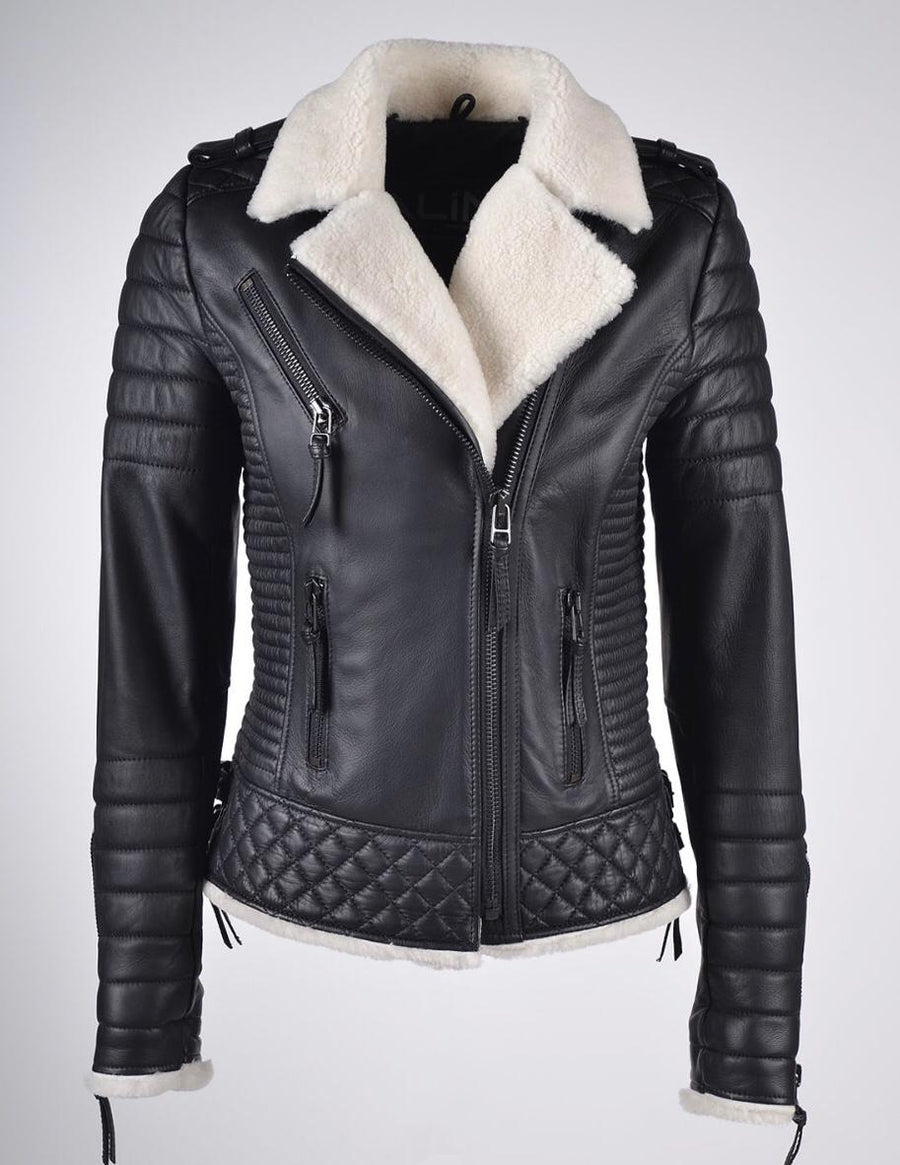 Women`s White Shearling Leather Biker Jacket