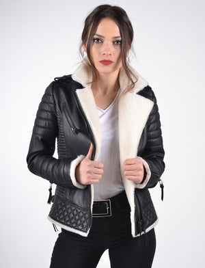 Women`s White Shearling Leather Biker Jacket