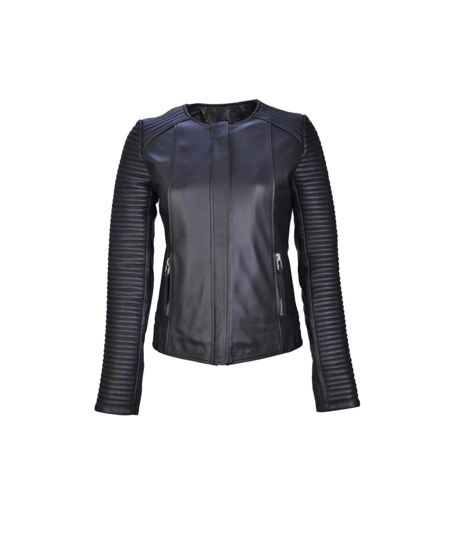 Women's Black Collarless Fitted Leather Jacket