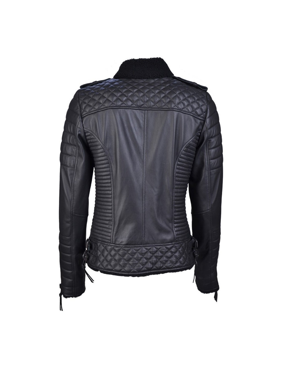 Womens Shearling Black Leather Biker Jacket