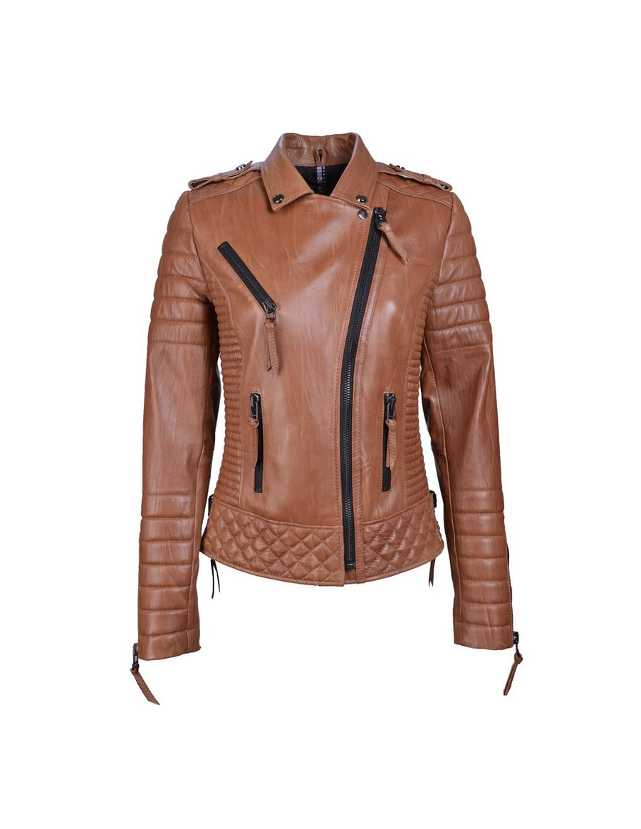 Women`s Creased Antique Brown Leather Biker Jacket