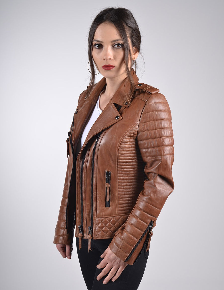 Women`s Creased Antique Brown Leather Biker Jacket