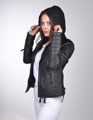 Women's Hooded Black Biker Leather Jacket