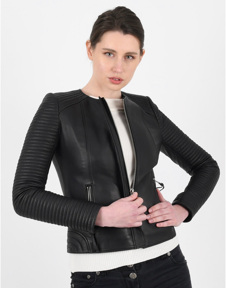 Women's Black Collarless Fitted Leather Jacket